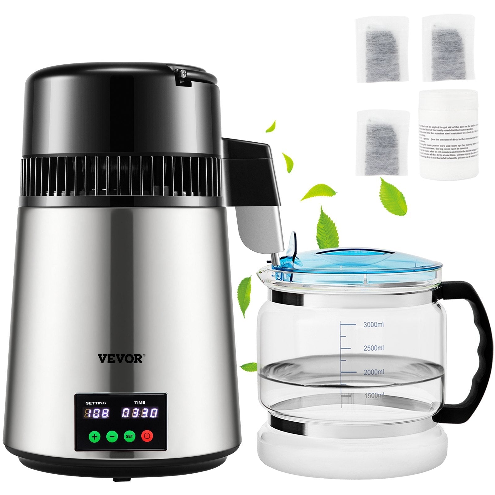 VEVOR 1.1Gal Water Distiller, 0.3Gal/H, 750W Distilled Water Maker Machine 0-99H Timing Set Temp Display, 304 Stainless Steel Countertop Distiller Glass Carafe Cleaning Powder 3 Carbon Packs, Silver 