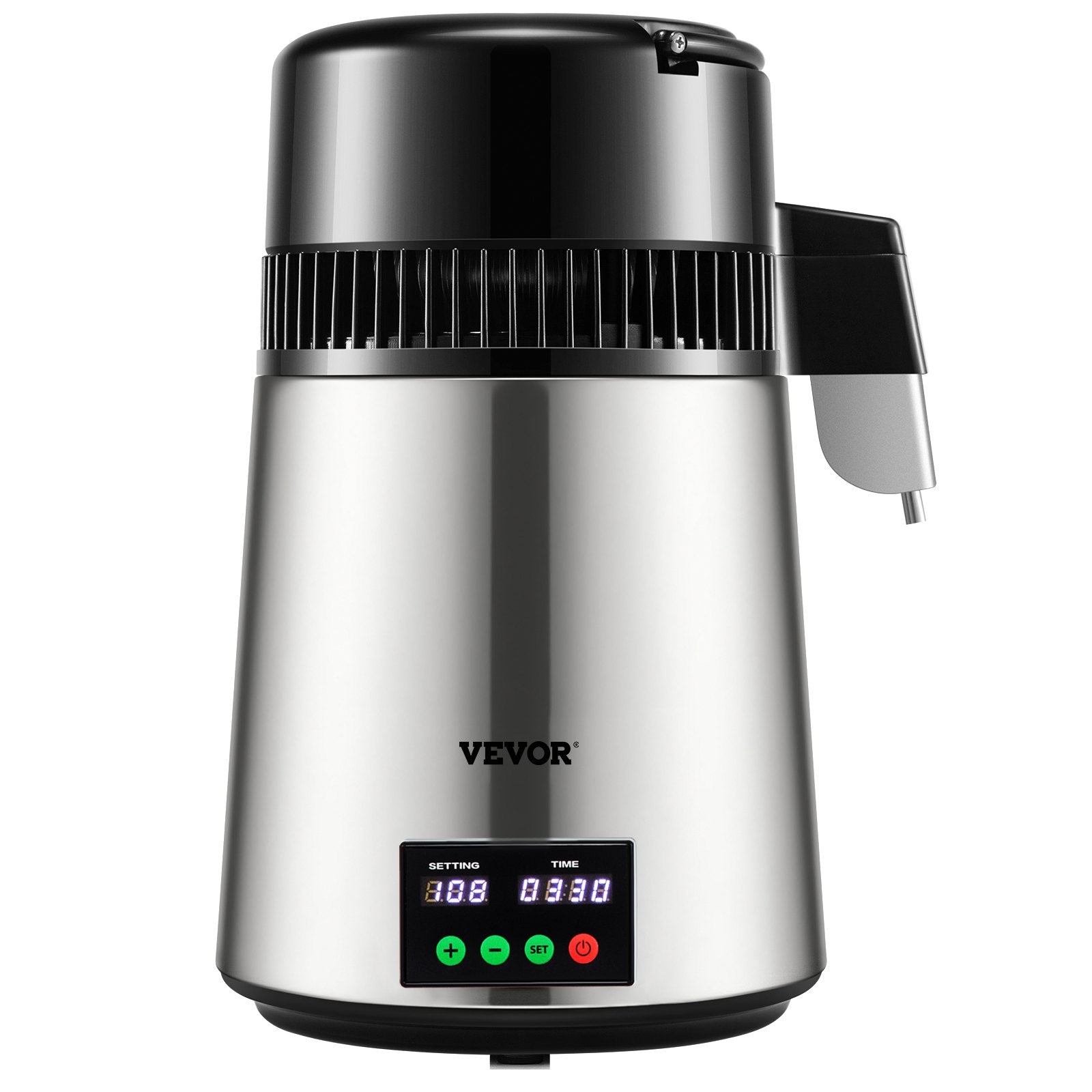 VEVOR 1.1Gal Water Distiller, 0.3Gal/H, 750W Distilled Water Maker Machine 0-99H Timing Set Temp Display, 304 Stainless Steel Countertop Distiller Glass Carafe Cleaning Powder 3 Carbon Packs, Silver 
