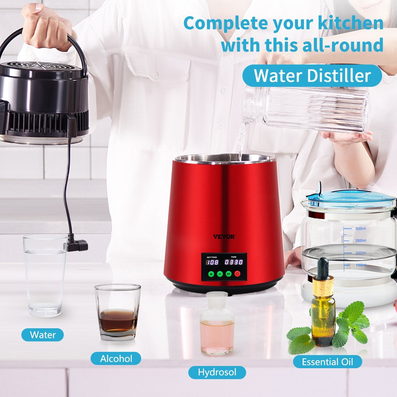 VEVOR 1.1Gal Water Distiller, 0.3Gal/H, 750W Distilled Water Maker Machine 0-99H Timing Set Temp Display, 304 Stainless Steel Countertop Distiller Glass Carafe Cleaning Powder 3 Carbon Packs, Red 