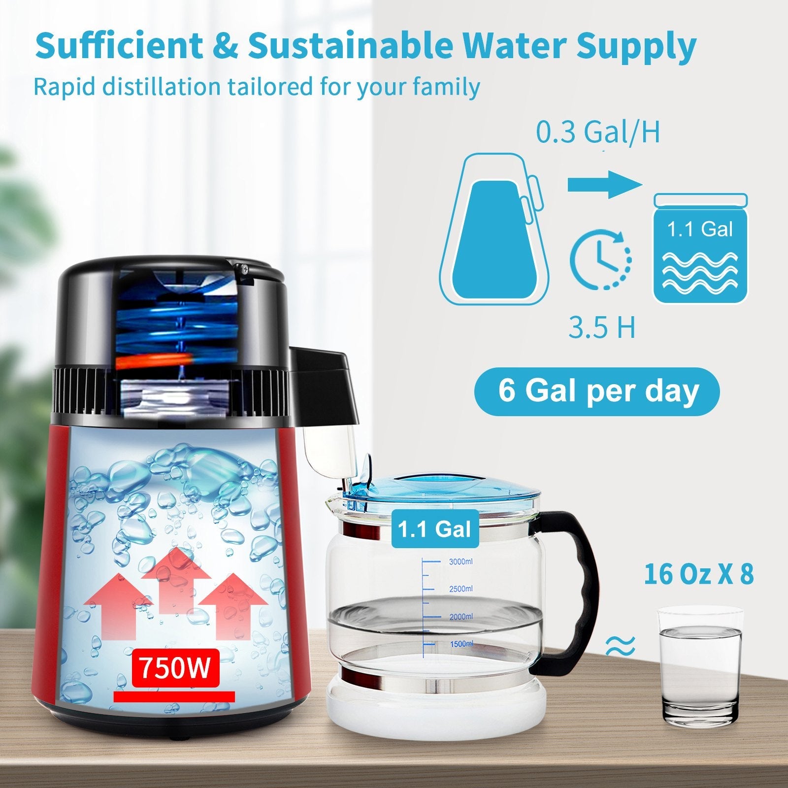 VEVOR 1.1Gal Water Distiller, 0.3Gal/H, 750W Distilled Water Maker Machine 0-99H Timing Set Temp Display, 304 Stainless Steel Countertop Distiller Glass Carafe Cleaning Powder 3 Carbon Packs, Red 