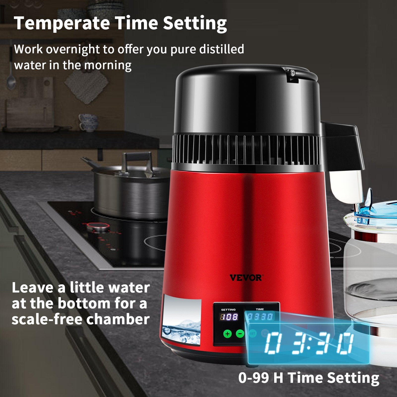 VEVOR 1.1Gal Water Distiller, 0.3Gal/H, 750W Distilled Water Maker Machine 0-99H Timing Set Temp Display, 304 Stainless Steel Countertop Distiller Glass Carafe Cleaning Powder 3 Carbon Packs, Red 