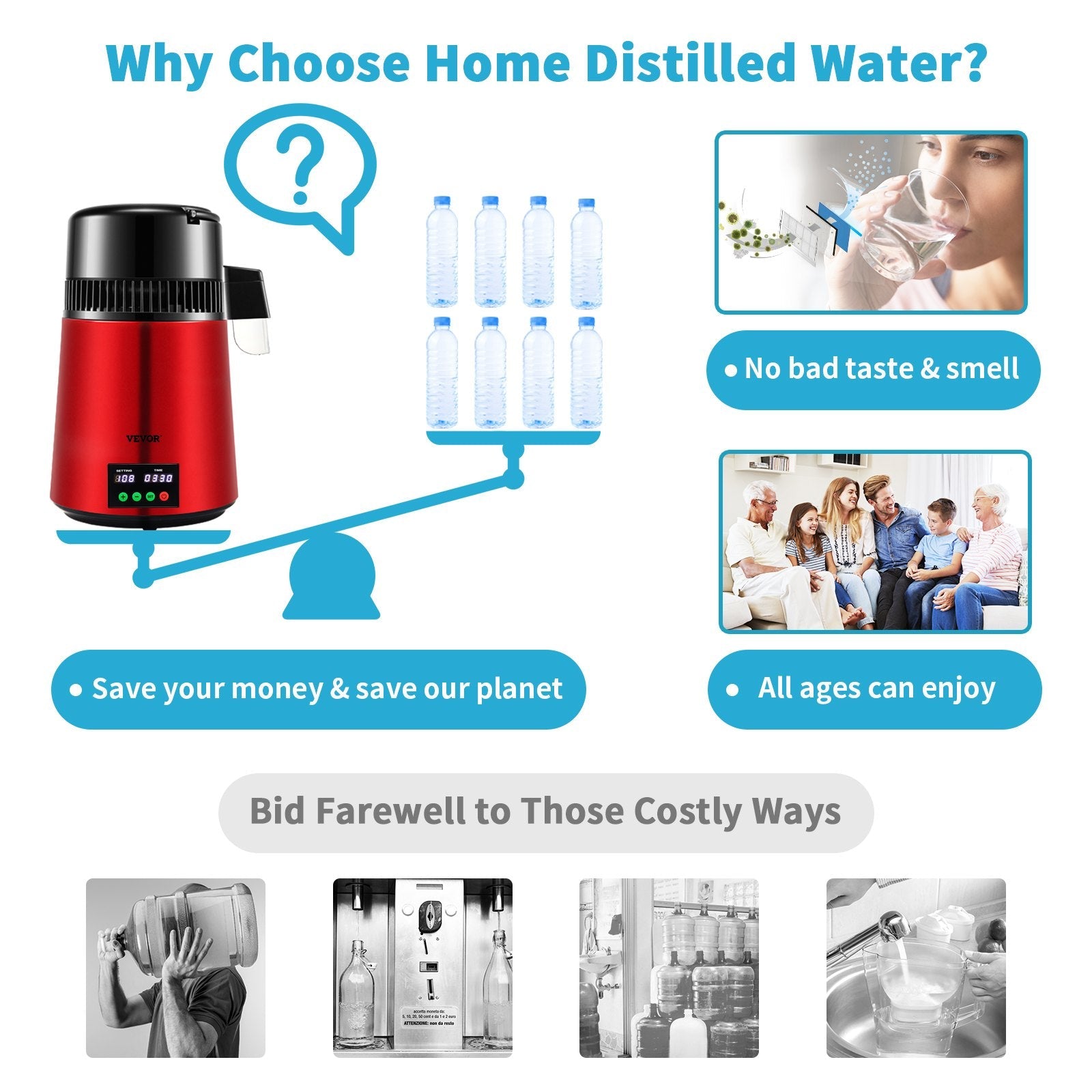 VEVOR 1.1Gal Water Distiller, 0.3Gal/H, 750W Distilled Water Maker Machine 0-99H Timing Set Temp Display, 304 Stainless Steel Countertop Distiller Glass Carafe Cleaning Powder 3 Carbon Packs, Red 
