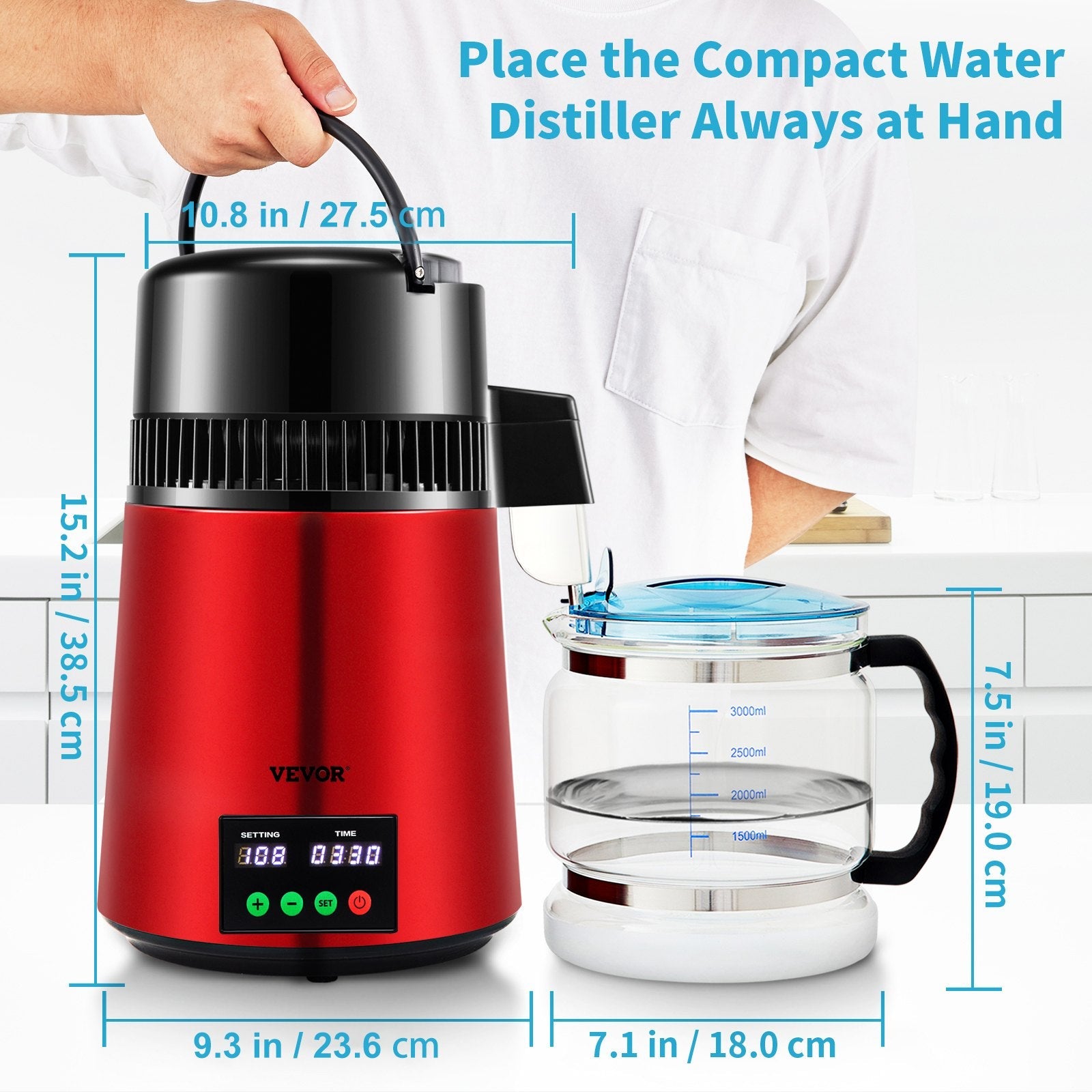 VEVOR 1.1Gal Water Distiller, 0.3Gal/H, 750W Distilled Water Maker Machine 0-99H Timing Set Temp Display, 304 Stainless Steel Countertop Distiller Glass Carafe Cleaning Powder 3 Carbon Packs, Red 