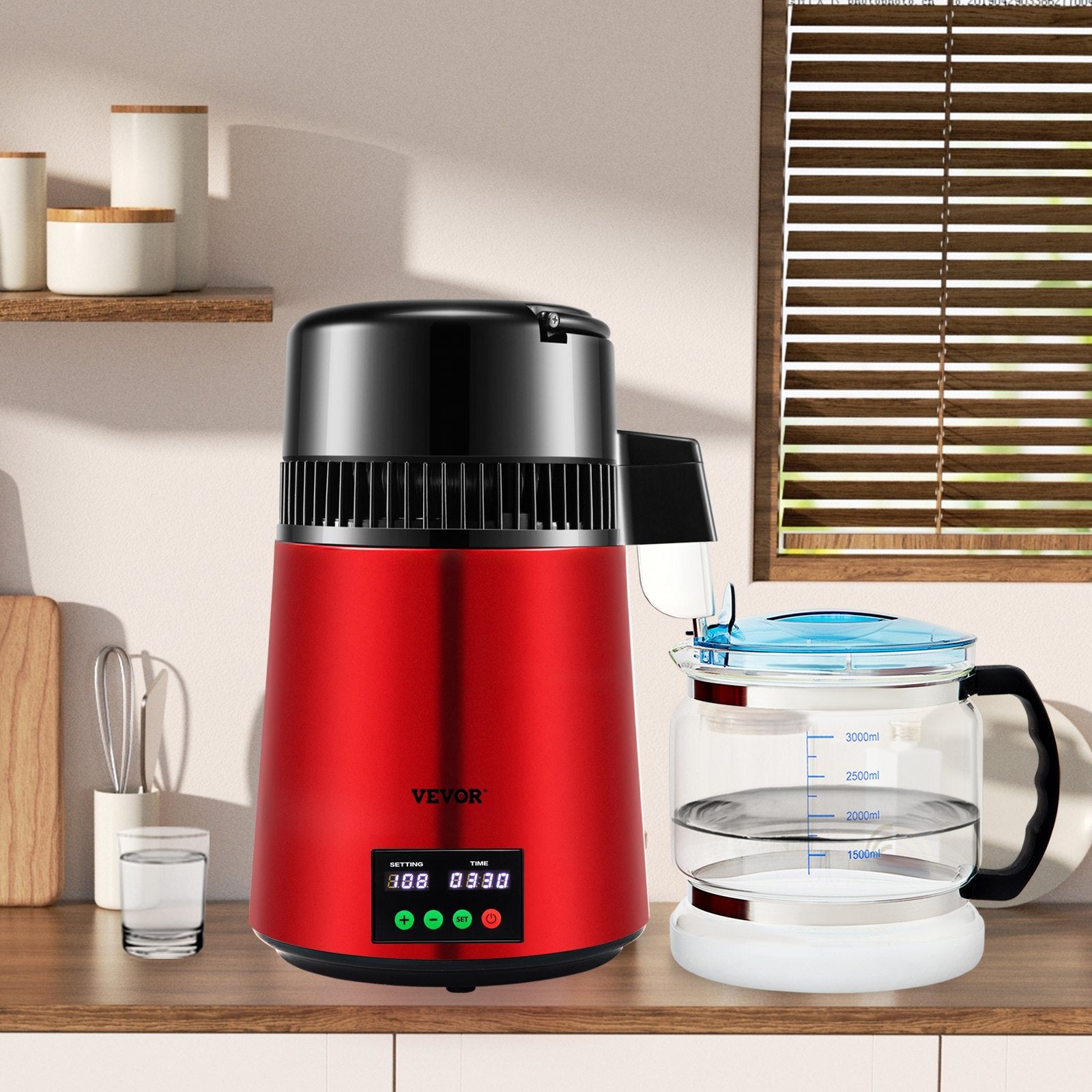 VEVOR 1.1Gal Water Distiller, 0.3Gal/H, 750W Distilled Water Maker Machine 0-99H Timing Set Temp Display, 304 Stainless Steel Countertop Distiller Glass Carafe Cleaning Powder 3 Carbon Packs, Red 