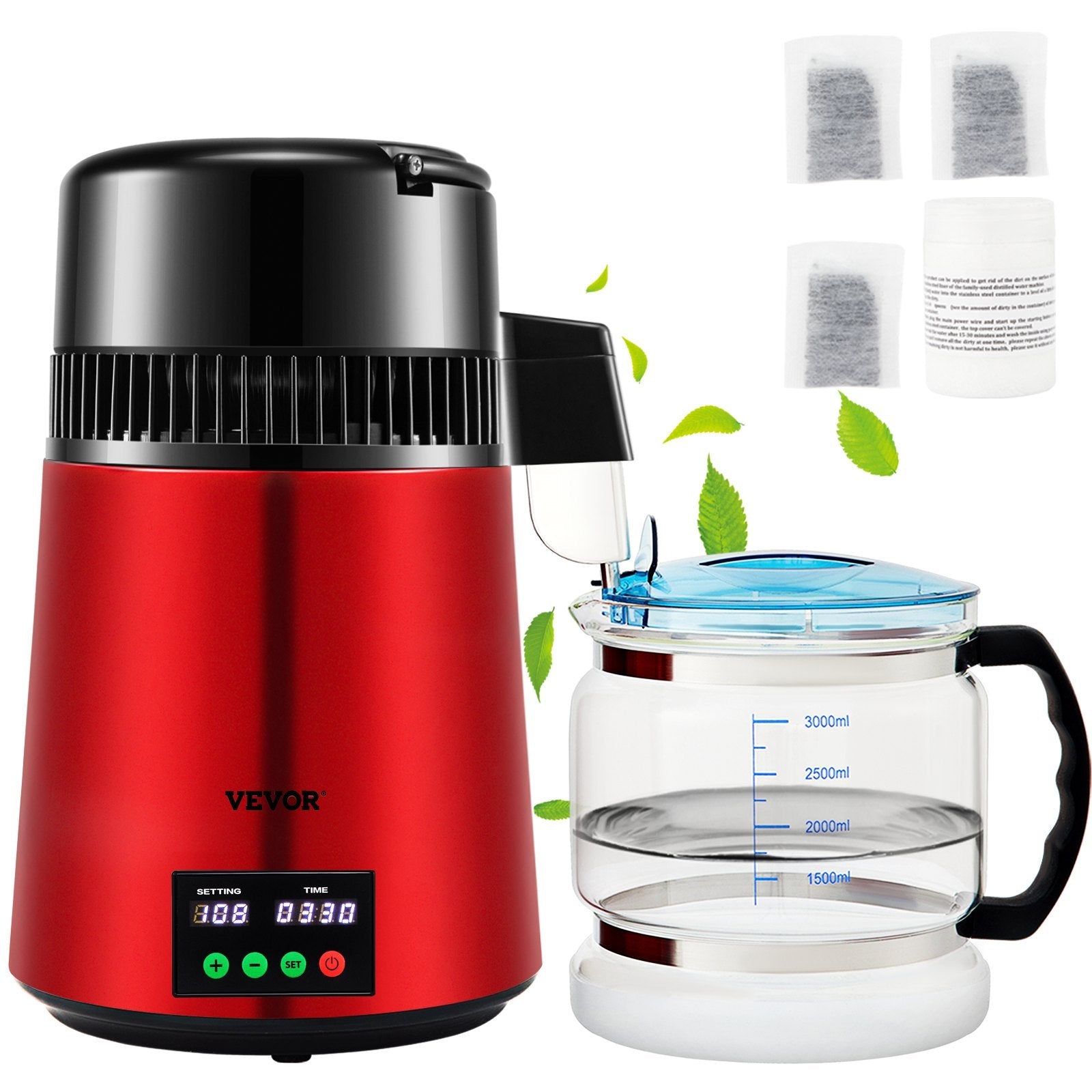 VEVOR 1.1Gal Water Distiller, 0.3Gal/H, 750W Distilled Water Maker Machine 0-99H Timing Set Temp Display, 304 Stainless Steel Countertop Distiller Glass Carafe Cleaning Powder 3 Carbon Packs, Red 