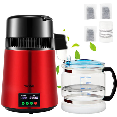 VEVOR 1.1Gal Water Distiller, 0.3Gal/H, 750W Distilled Water Maker Machine 0-99H Timing Set Temp Display, 304 Stainless Steel Countertop Distiller Glass Carafe Cleaning Powder 3 Carbon Packs, Red 