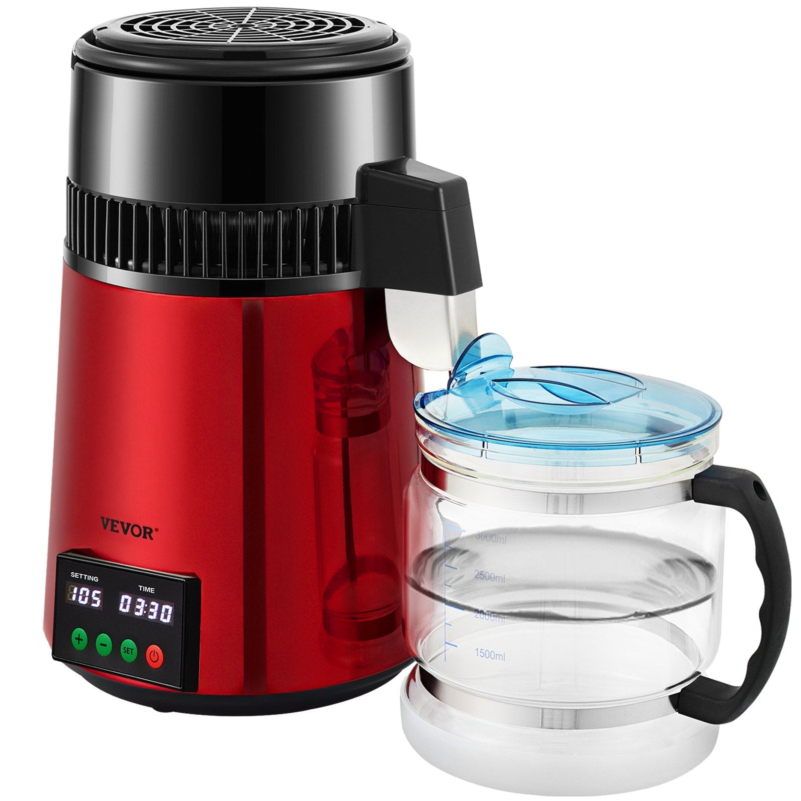 VEVOR 1.1Gal Water Distiller, 0.3Gal/H, 750W Distilled Water Maker Machine 0-99H Timing Set Temp Display, 304 Stainless Steel Countertop Distiller Glass Carafe Cleaning Powder 3 Carbon Packs, Red 