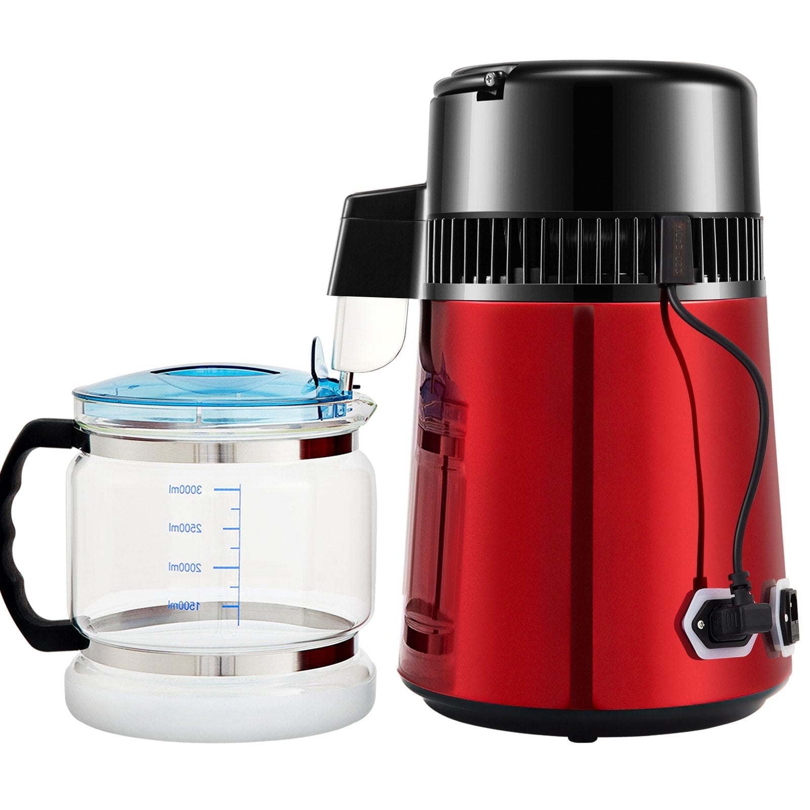 VEVOR 1.1Gal Water Distiller, 0.3Gal/H, 750W Distilled Water Maker Machine 0-99H Timing Set Temp Display, 304 Stainless Steel Countertop Distiller Glass Carafe Cleaning Powder 3 Carbon Packs, Red 