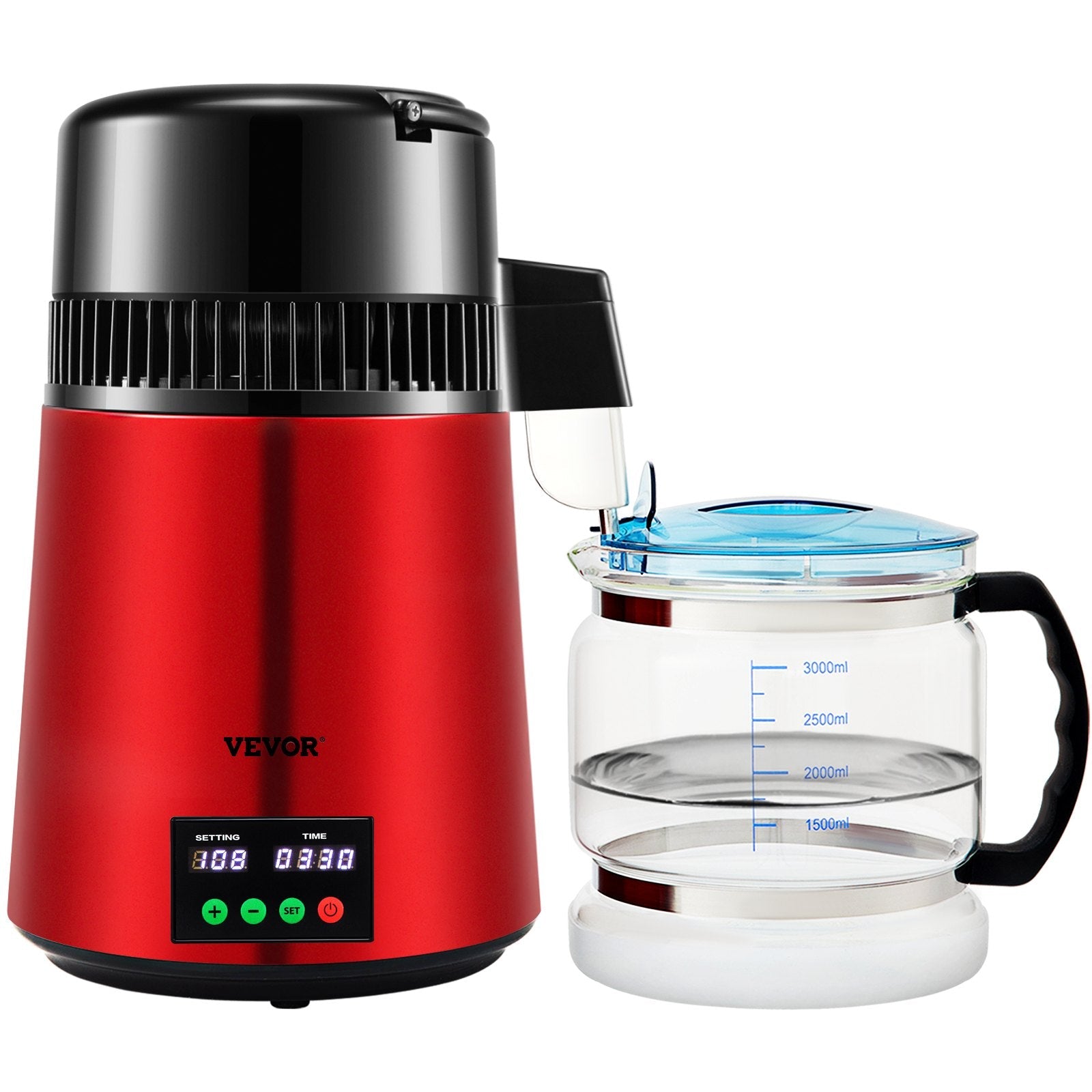 VEVOR 1.1Gal Water Distiller, 0.3Gal/H, 750W Distilled Water Maker Machine 0-99H Timing Set Temp Display, 304 Stainless Steel Countertop Distiller Glass Carafe Cleaning Powder 3 Carbon Packs, Red 