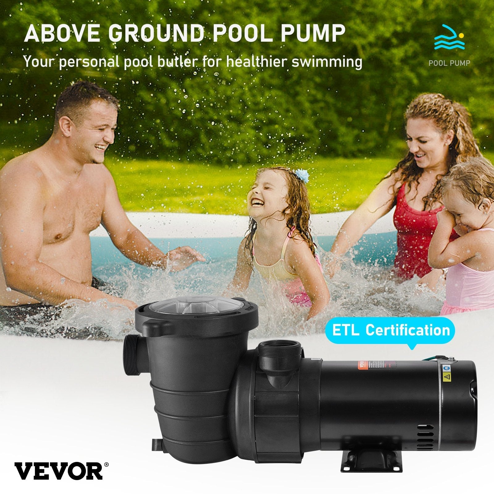 VEVOR Swimming Pool Pump, 2 HP 115 V, 1500 W Speed Pump for Above Ground Pool w/ Strainer Basket, 5400 GPH Max. Flow, Certification of ETL for Security 