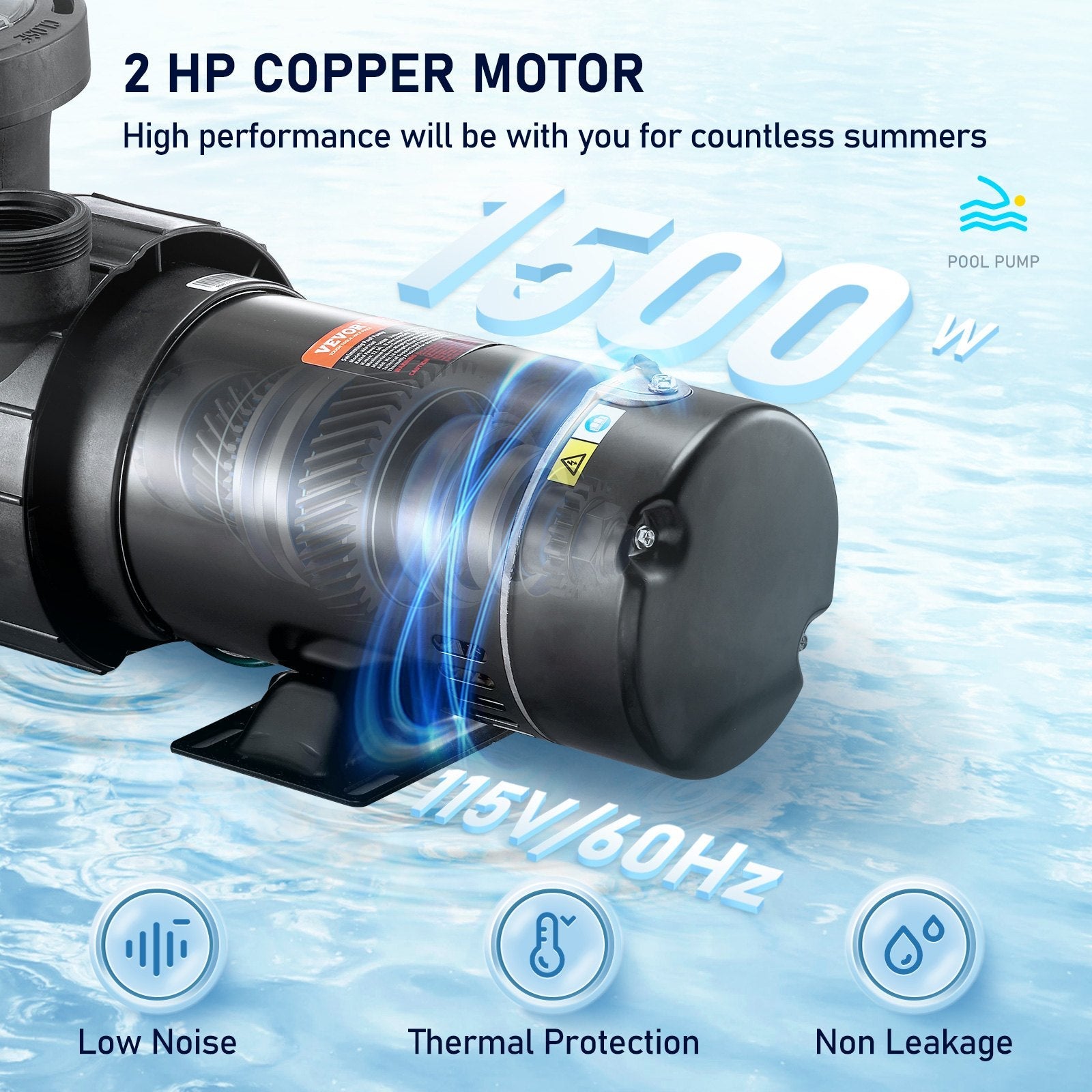 VEVOR Swimming Pool Pump, 2 HP 115 V, 1500 W Speed Pump for Above Ground Pool w/ Strainer Basket, 5400 GPH Max. Flow, Certification of ETL for Security 