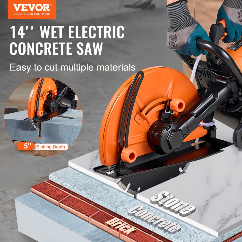 VEVOR Electric Concrete Saw, 14 in, 3200 W 15 A Motor Circular Saw Cutter with Max. 5 in Adjustable Cutting Depth, Wet Disk Saw Cutter Includes Water Line, Pump and Blade, for Stone, Brick 