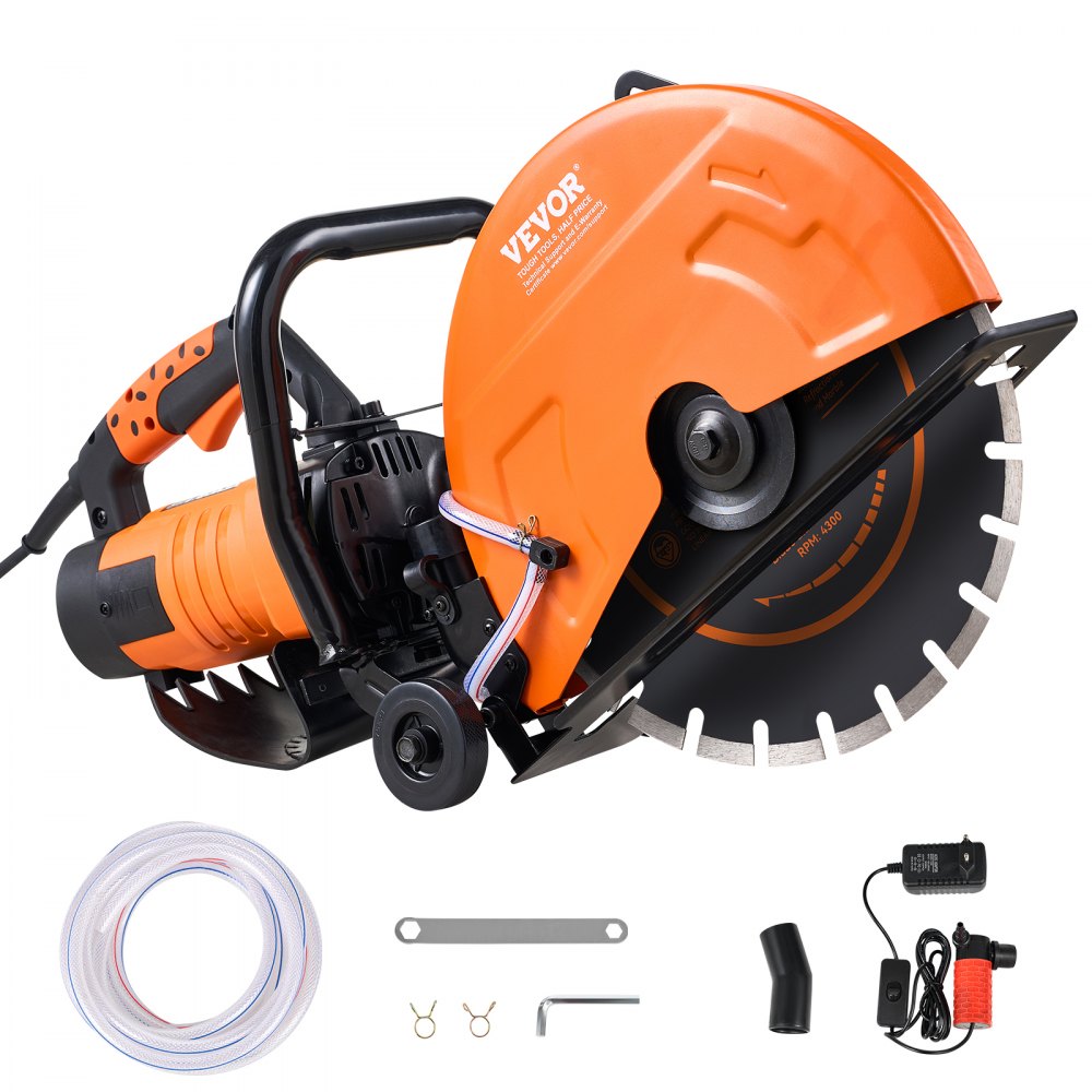VEVOR Electric Concrete Saw, 14 in, 3200 W 15 A Motor Circular Saw Cutter with Max. 5 in Adjustable Cutting Depth, Wet Disk Saw Cutter Includes Water Line, Pump and Blade, for Stone, Brick 