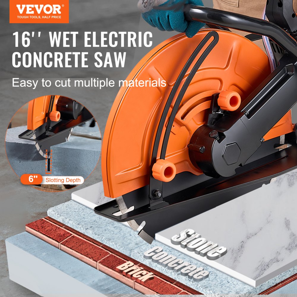 VEVOR Electric Concrete Saw, 16 in, 3200 W 15 A Motor Circular Saw Cutter with Max. 6 in Adjustable Cutting Depth, Wet Disk Saw Cutter Includes Water Line, Pump and Blade, for Stone, Brick 