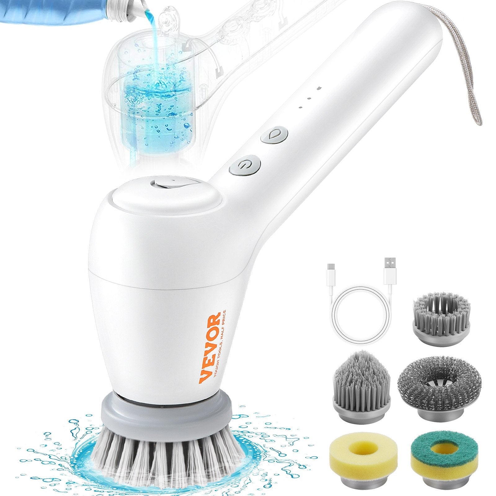 VEVOR Electric Spin Scrubber, Cordless Electric Cleaning Brush with Auto Detergent Dispenser & 2 Adjustable Speeds, Portable Power Shower Scrubber with 5 Replaceable Brush Heads for Bathroom, Tub 