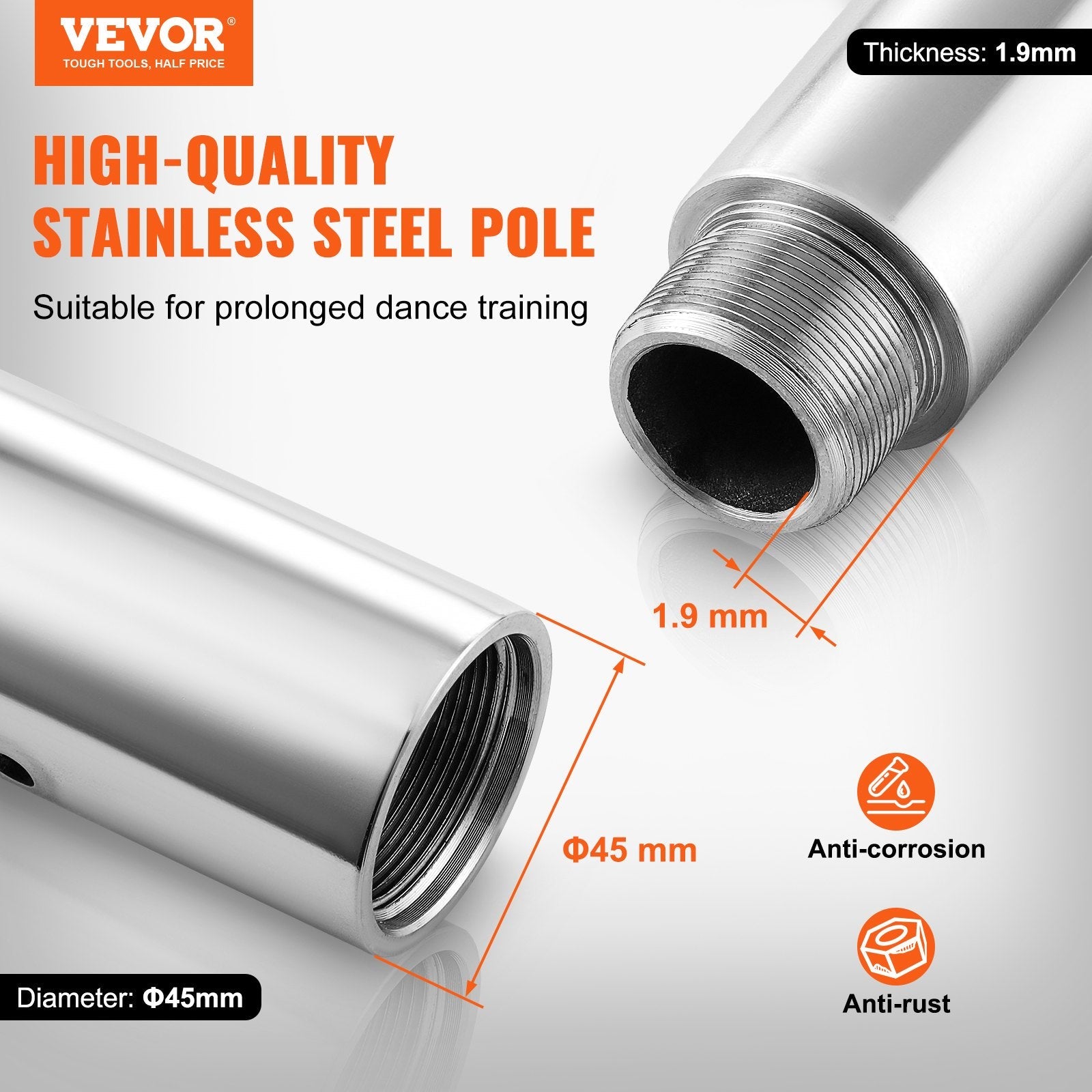 VEVOR Professional Dancing Pole, Spinning Static Dancing Pole Kit, Portable Removable Pole, 45mm Heavy-Duty Stainless Steel Pole, Height Adjustable Fitness Pole, for Exercise Home Club Gym, Silver 