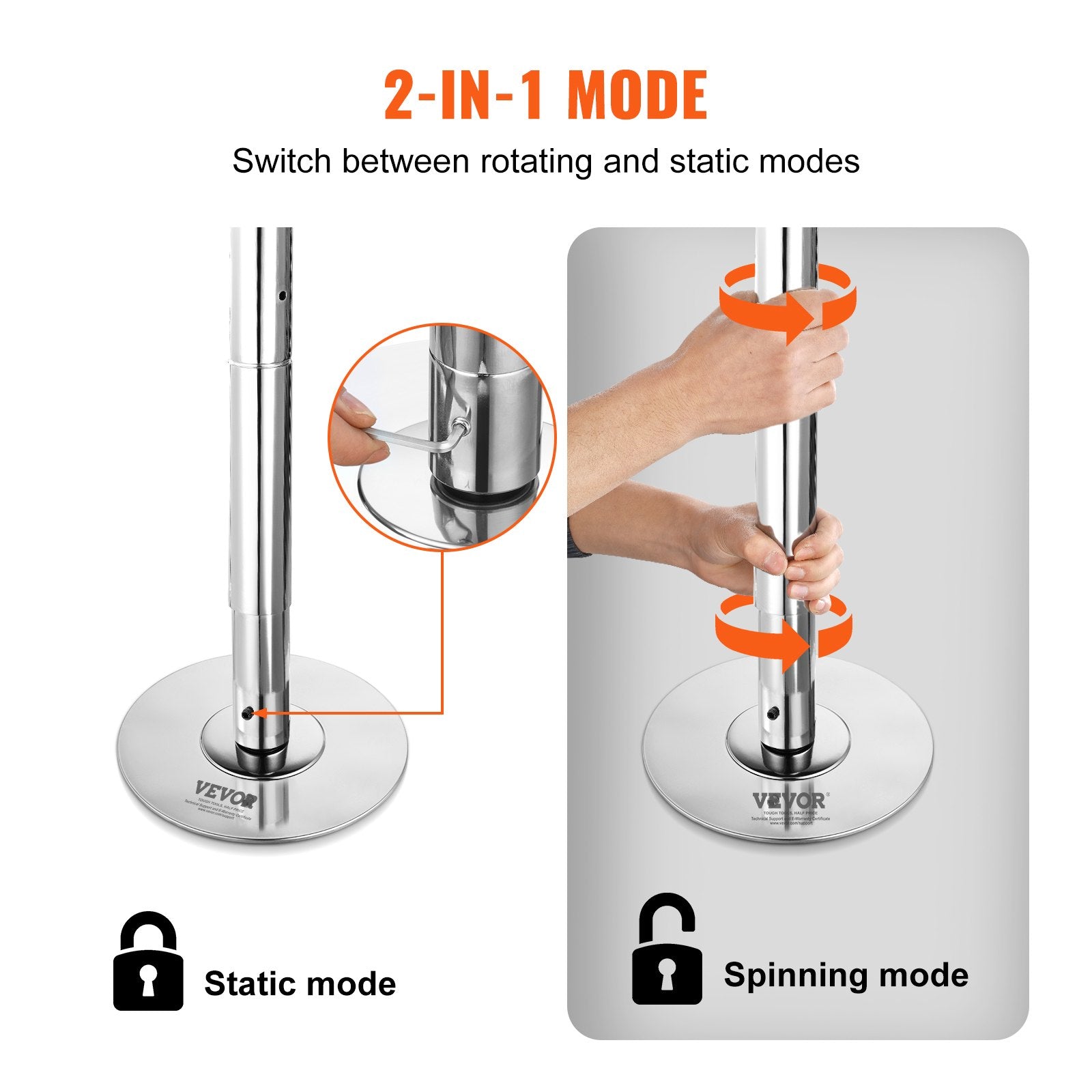 VEVOR Professional Dancing Pole, Spinning Static Dancing Pole Kit, Portable Removable Pole, 45mm Heavy-Duty Stainless Steel Pole, Height Adjustable Fitness Pole, for Exercise Home Club Gym, Silver 