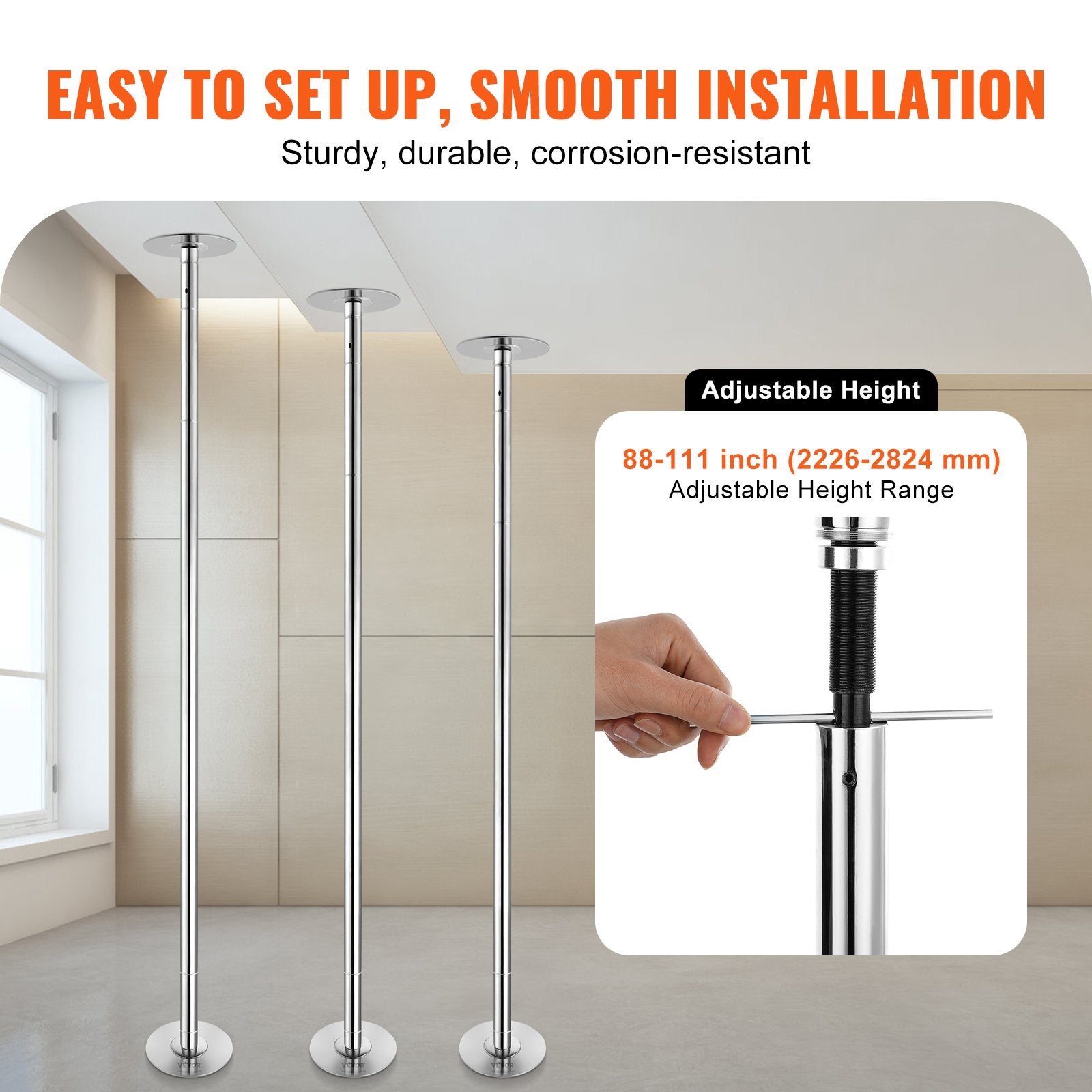VEVOR Professional Dancing Pole, Spinning Static Dancing Pole Kit, Portable Removable Pole, 45mm Heavy-Duty Stainless Steel Pole, Height Adjustable Fitness Pole, for Exercise Home Club Gym, Silver 
