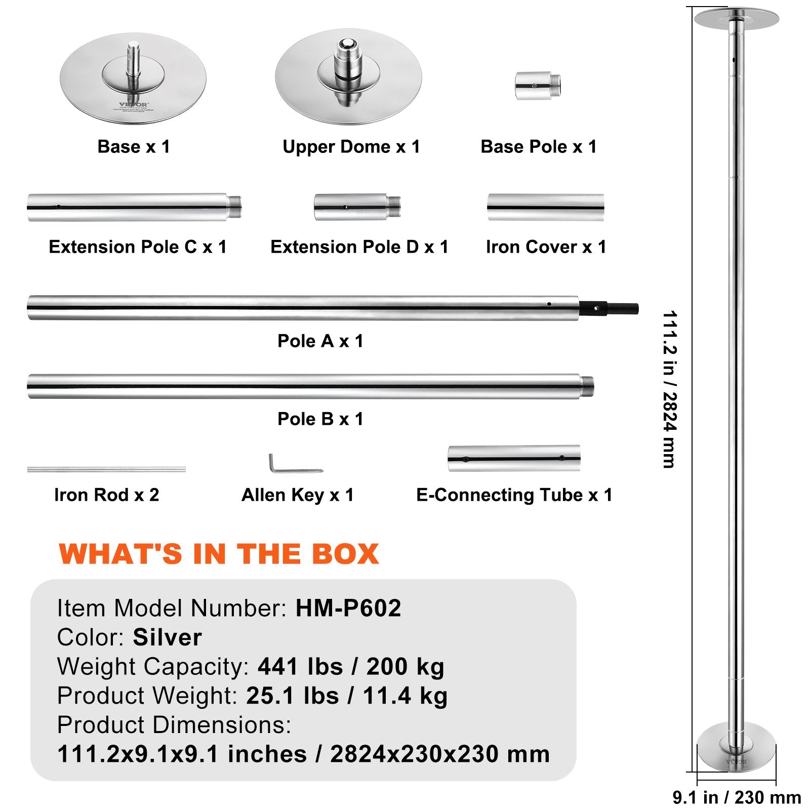 VEVOR Professional Dancing Pole, Spinning Static Dancing Pole Kit, Portable Removable Pole, 45mm Heavy-Duty Stainless Steel Pole, Height Adjustable Fitness Pole, for Exercise Home Club Gym, Silver 