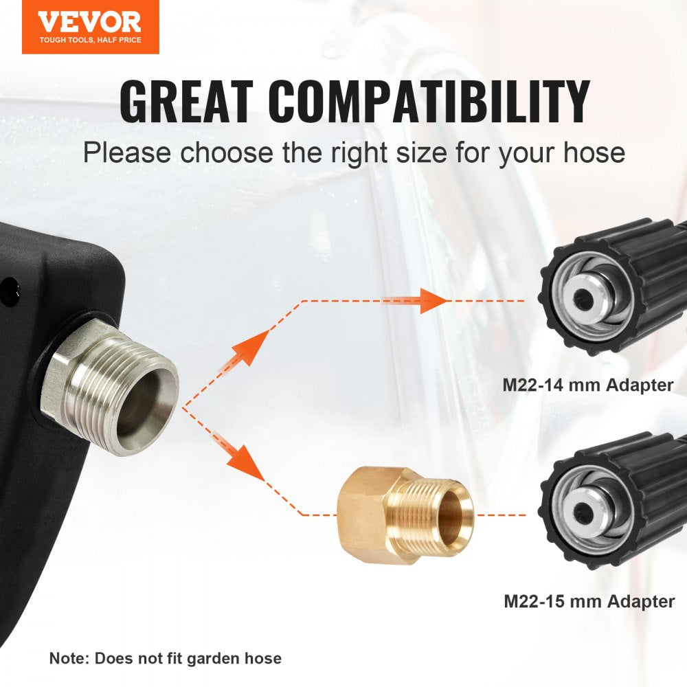 VEVOR Short Pressure Washer Gun, 4350 PSI High Power Washer Spay Gun, M22-14 Inlet & 1/4'' Outlet Hose Connector Foam Gun, Stainless Steel Pressure Washer Handle with 5 Color Quick Connect Nozzles 