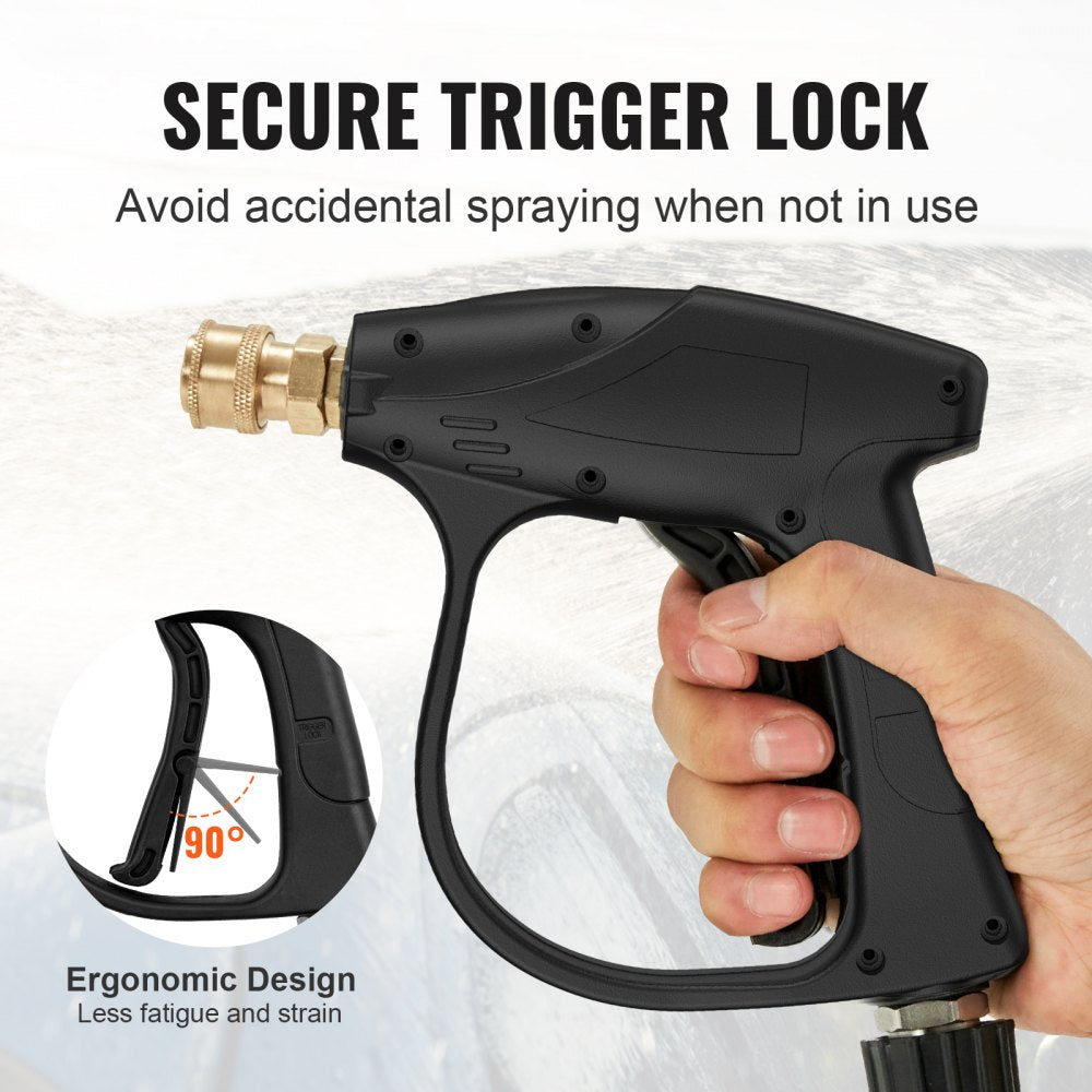 VEVOR Short Pressure Washer Gun, 4350 PSI High Power Washer Spay Gun, M22-14 Inlet & 1/4'' Outlet Hose Connector Foam Gun, Stainless Steel Pressure Washer Handle with 5 Color Quick Connect Nozzles 