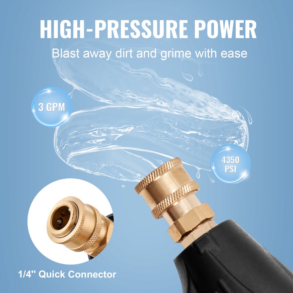 VEVOR Short Pressure Washer Gun, 4350 PSI High Power Washer Spay Gun, M22-14 Inlet & 1/4'' Outlet Hose Connector Foam Gun, Stainless Steel Pressure Washer Handle with 5 Color Quick Connect Nozzles 
