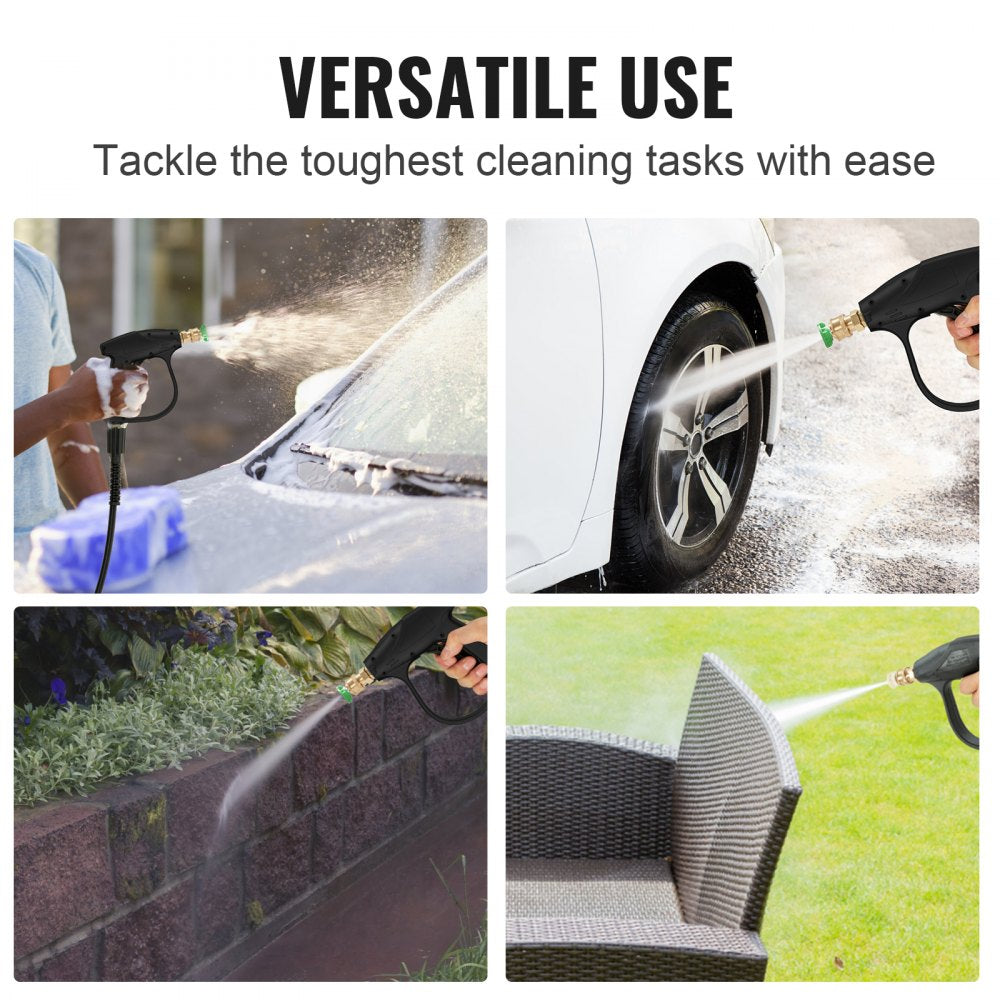 VEVOR Short Pressure Washer Gun, 4350 PSI High Power Washer Spay Gun, M22-14 Inlet & 1/4'' Outlet Hose Connector Foam Gun, Stainless Steel Pressure Washer Handle with 5 Color Quick Connect Nozzles 