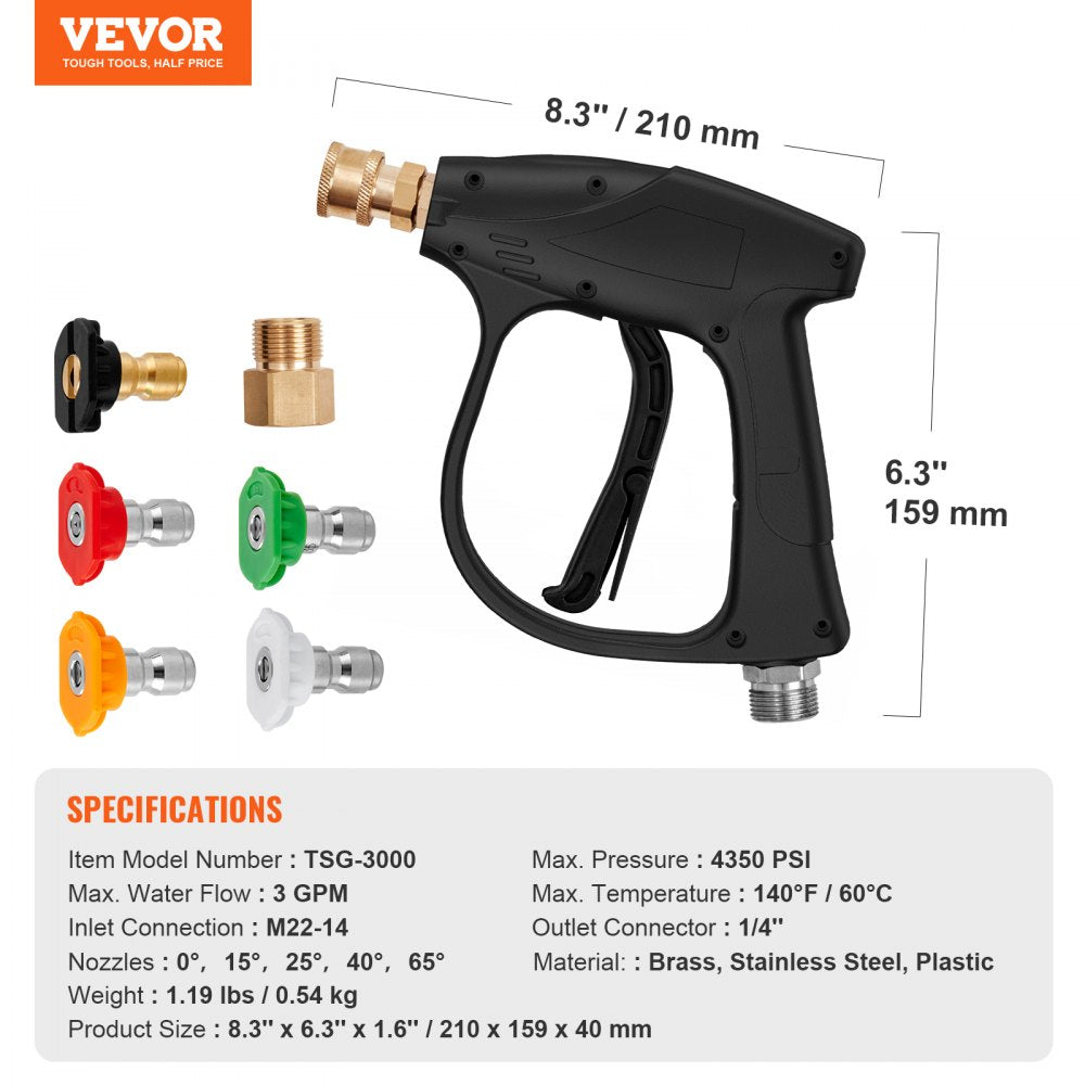 VEVOR Short Pressure Washer Gun, 4350 PSI High Power Washer Spay Gun, M22-14 Inlet & 1/4'' Outlet Hose Connector Foam Gun, Stainless Steel Pressure Washer Handle with 5 Color Quick Connect Nozzles 
