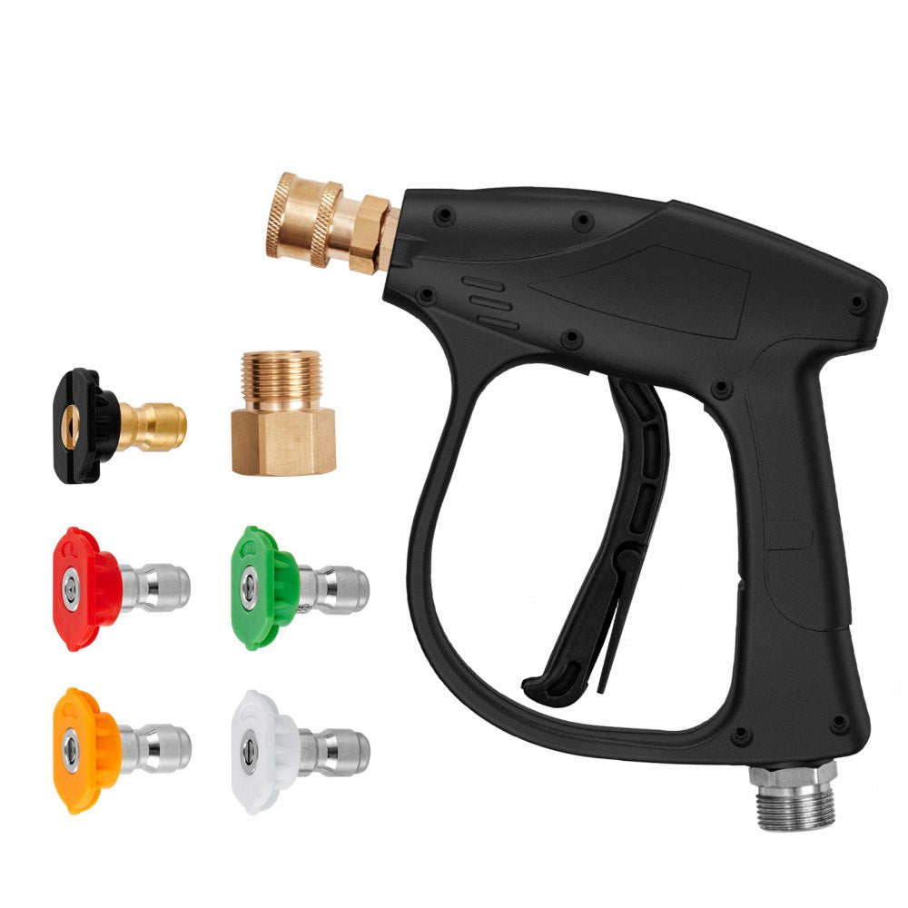 VEVOR Short Pressure Washer Gun, 4350 PSI High Power Washer Spay Gun, M22-14 Inlet & 1/4'' Outlet Hose Connector Foam Gun, Stainless Steel Pressure Washer Handle with 5 Color Quick Connect Nozzles 