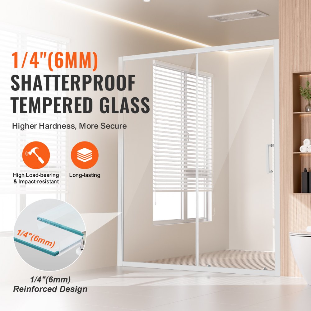 VEVOR Semi-frameless Shower Door 57.7-59" x 70" SGCC Tempered Glass 1/4" Chrome 