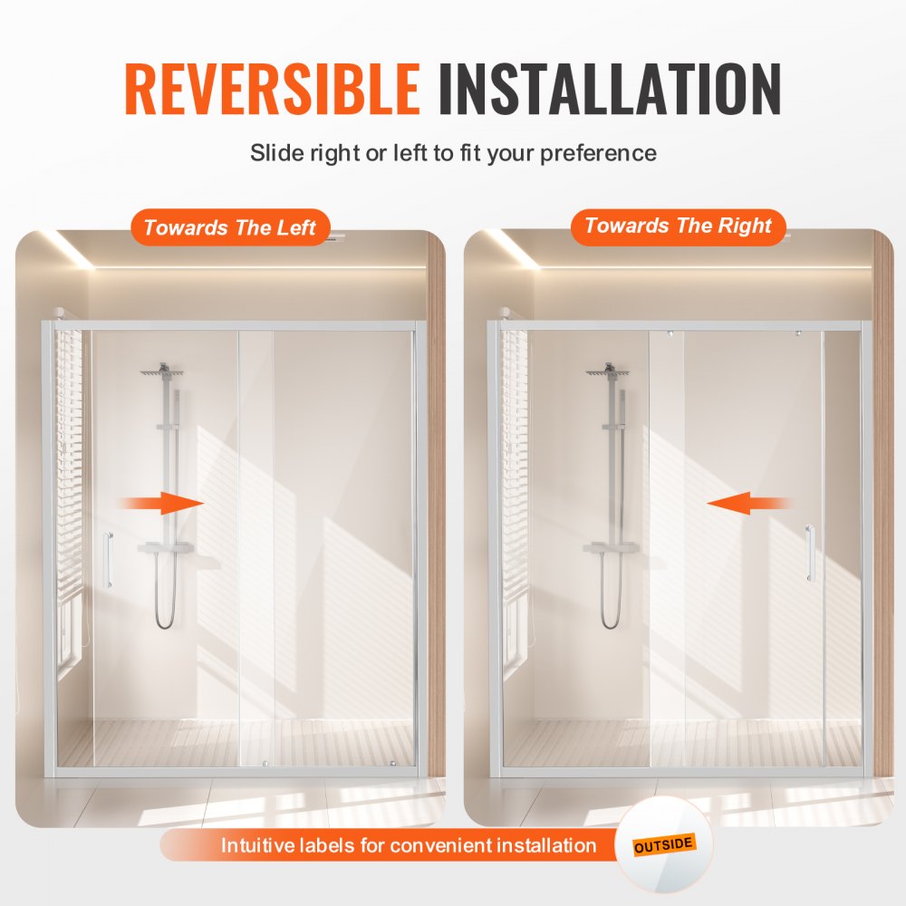 VEVOR Semi-frameless Shower Door 57.7-59" x 70" SGCC Tempered Glass 1/4" Chrome 