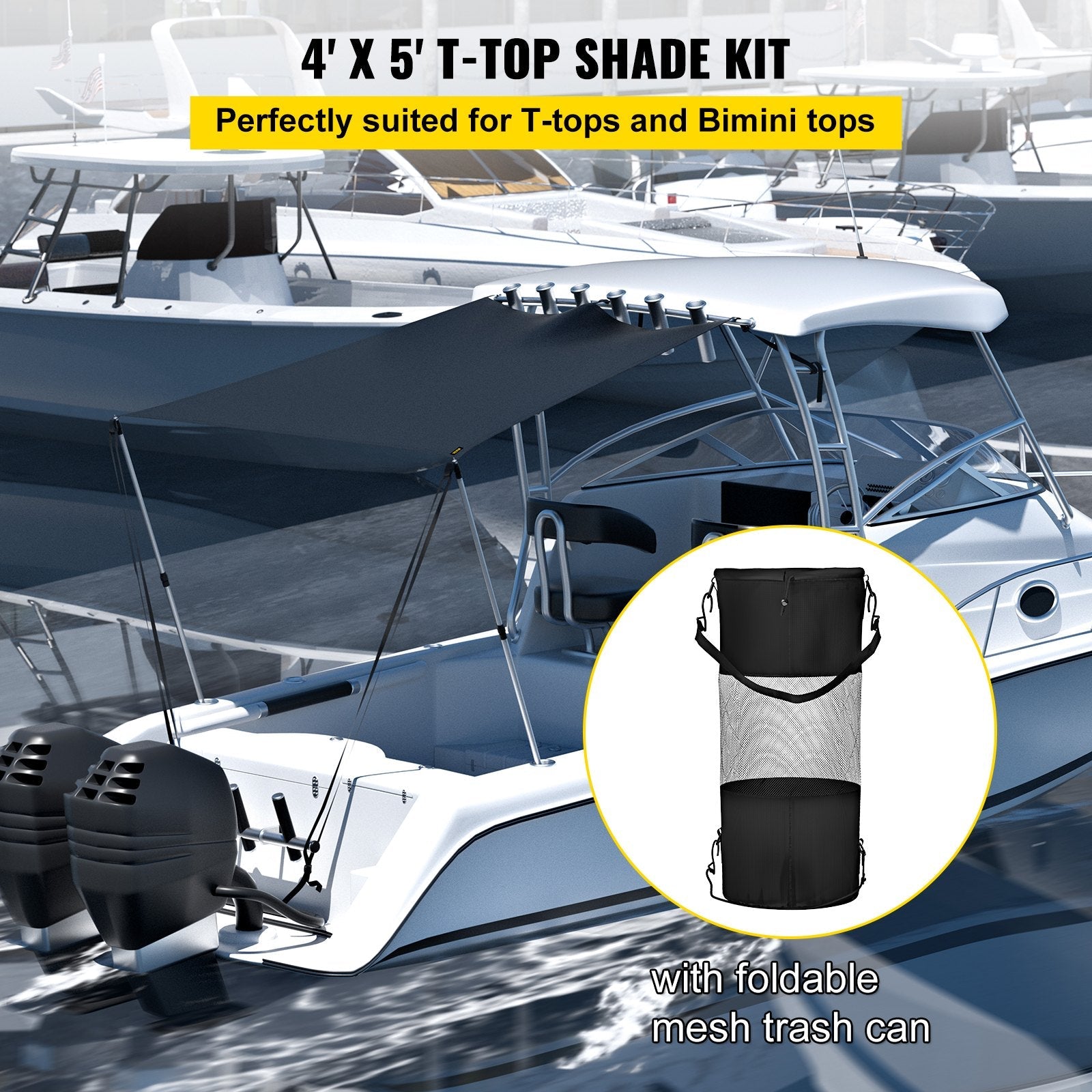 VEVOR T-Top Sun Shade Kit 4\' x 5\', UV-Proof 600D Polyester T-top Extension Kit with Rustproof Steel Telescopic Poles, Waterproof T-Top Shade Kit, Easy to Assemble for T-Tops ? Bimini Top 