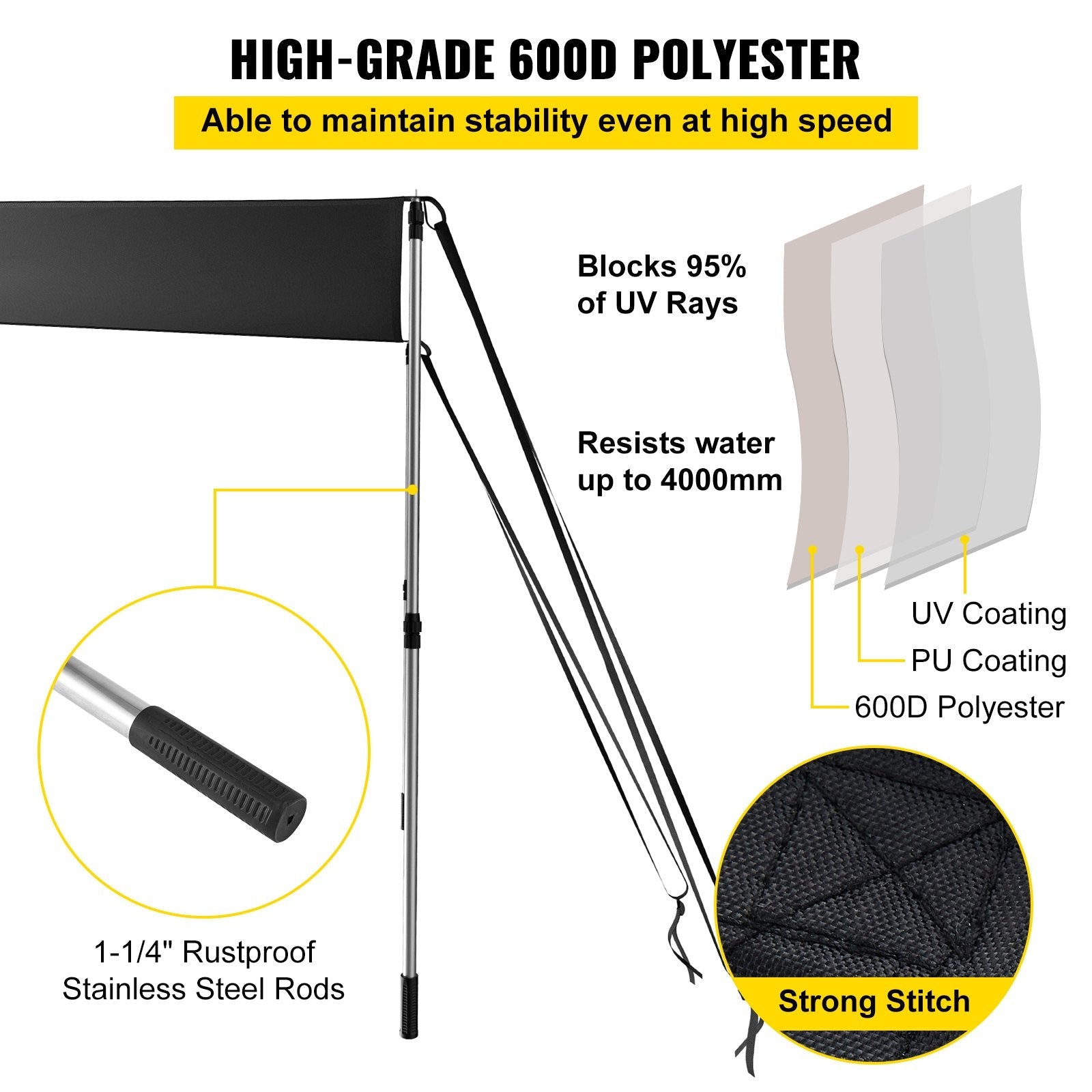 VEVOR T-Top Sun Shade Kit 4\' x 5\', UV-Proof 600D Polyester T-top Extension Kit with Rustproof Steel Telescopic Poles, Waterproof T-Top Shade Kit, Easy to Assemble for T-Tops ? Bimini Top 