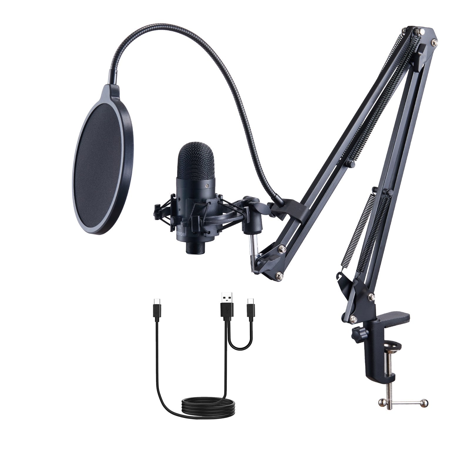 VEVOR USB Microphone, 192kHz/24-bit, Professional Condenser Microphone Kit, with Boom Arm Stand Pop Filter Shock Mount Mute Button Headphones Jack, for Podcast Recording Video Gaming Singing Streaming 