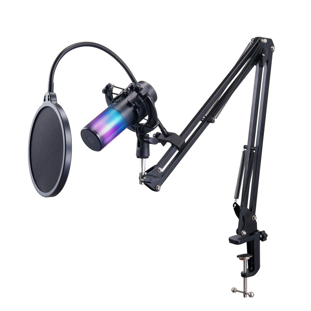 VEVOR USB Microphone, 192 kHz/24-bit, Professional Condenser Microphone Kit with Boom Arm Stand Pop Filter Shock Mount, 11 RGB Lighting Effects Mute Button Headphones Jack for Recording Gaming Singing 