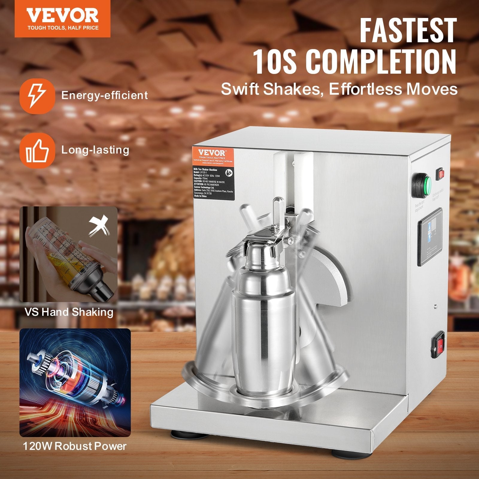 VEVOR Milkshake Maker Machine, 120W Commercial Milk Tea Shaker Machine, Single Head Milk Shake Mixer Machine, 0-180s Adjustable Milkshake Blender, with 750 ml Stainless Steel Cup, for Milk Tea Store 