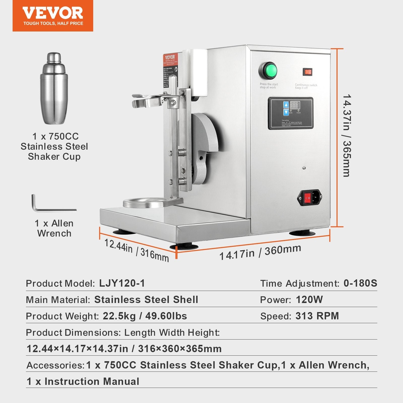 VEVOR Milkshake Maker Machine, 120W Commercial Milk Tea Shaker Machine, Single Head Milk Shake Mixer Machine, 0-180s Adjustable Milkshake Blender, with 750 ml Stainless Steel Cup, for Milk Tea Store 