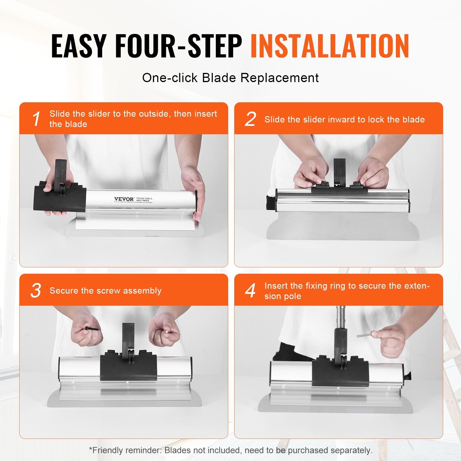 VEVOR Drywall Skimming Kit, Handle + Fixator Smoothing Knife Accessory, Professional Skim Coat Tools For Drywall, Wipe/Drywall Knife, for Gyprock / WallBoard / Plasterboard (No Blade) 