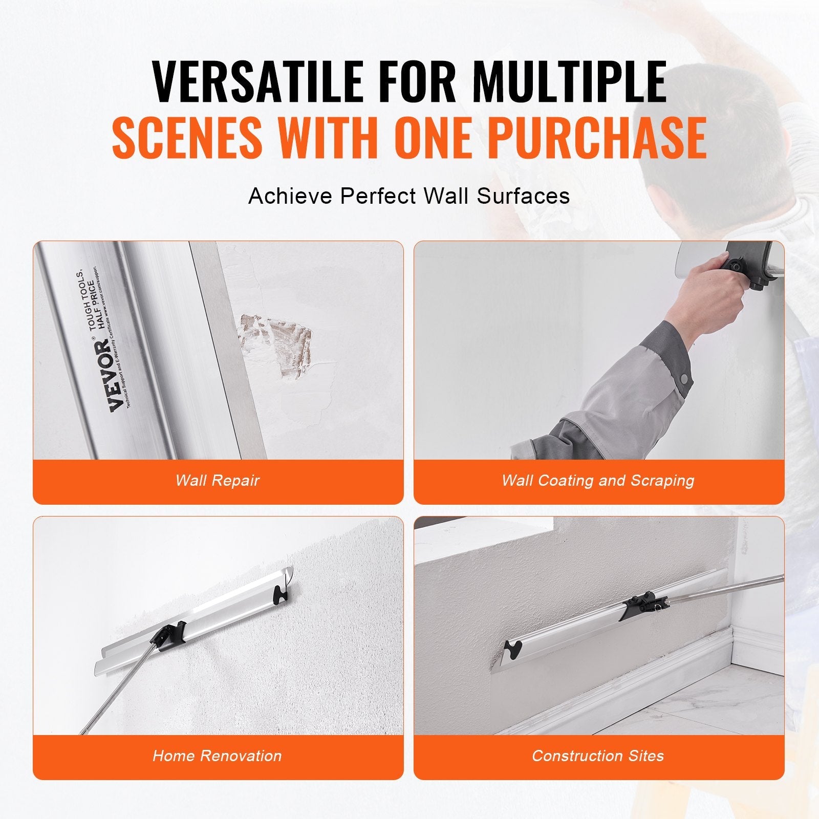 VEVOR Drywall Skimming Kit, Handle + Fixator Smoothing Knife Accessory, Professional Skim Coat Tools For Drywall, Wipe/Drywall Knife, for Gyprock / WallBoard / Plasterboard (No Blade) 