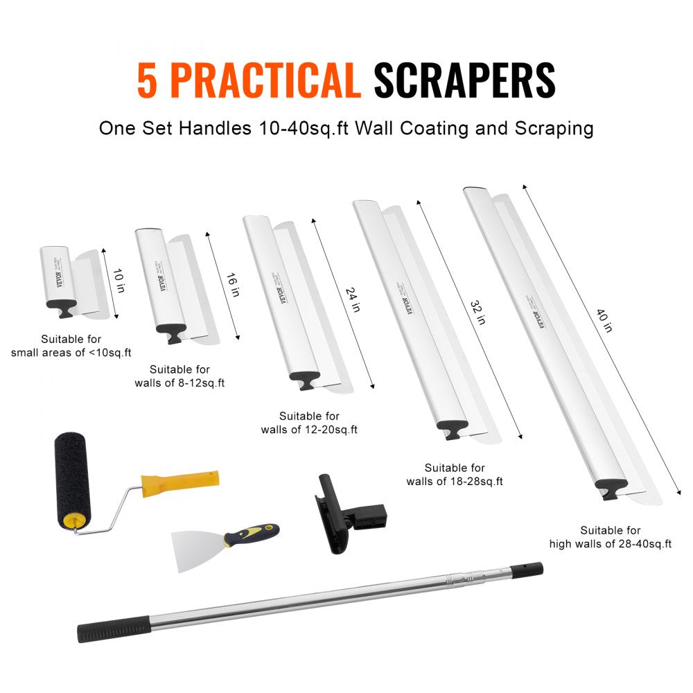 VEVOR Drywall Skimming Blade Set, 10/16/24/32/40 in Skimming Blades + 34-81.6 in Extension Handle Pole, Stainless Steel Knife Professional Skim Coat Tools, for Gyprock/WallBoard/Plasterboard 