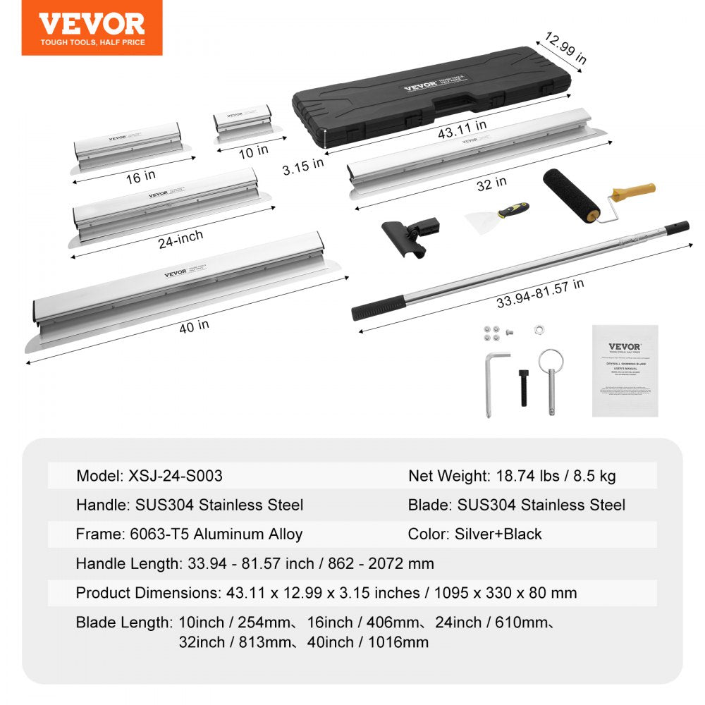 VEVOR Drywall Skimming Blade Set, 10/16/24/32/40 in Skimming Blades + 34-81.6 in Extension Handle Pole, Stainless Steel Knife Professional Skim Coat Tools, for Gyprock/WallBoard/Plasterboard 