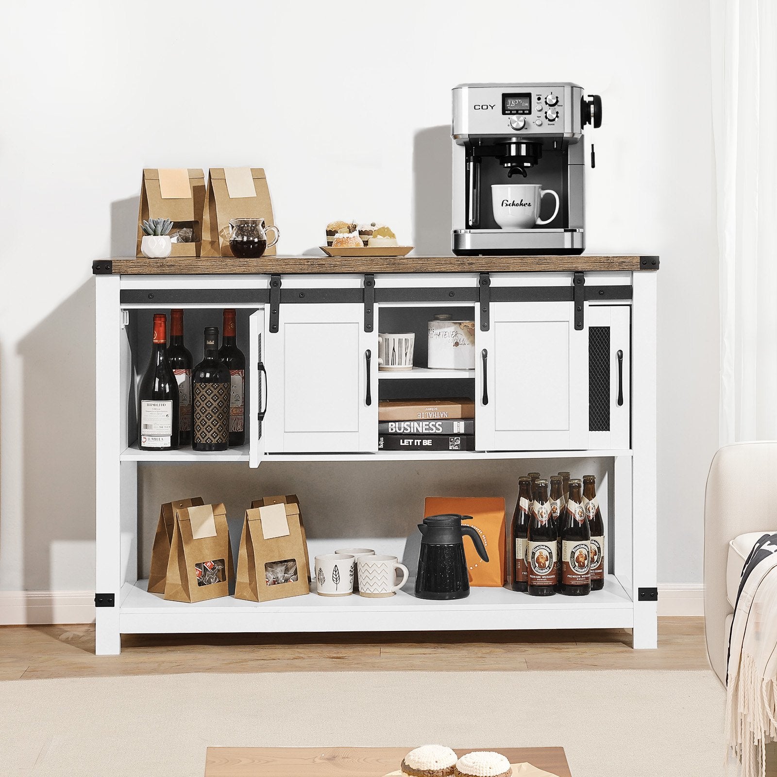 VEVOR Coffee Bar Cabinet 4-Tier Coffee Bar Table with Barn Doors for Living Room 