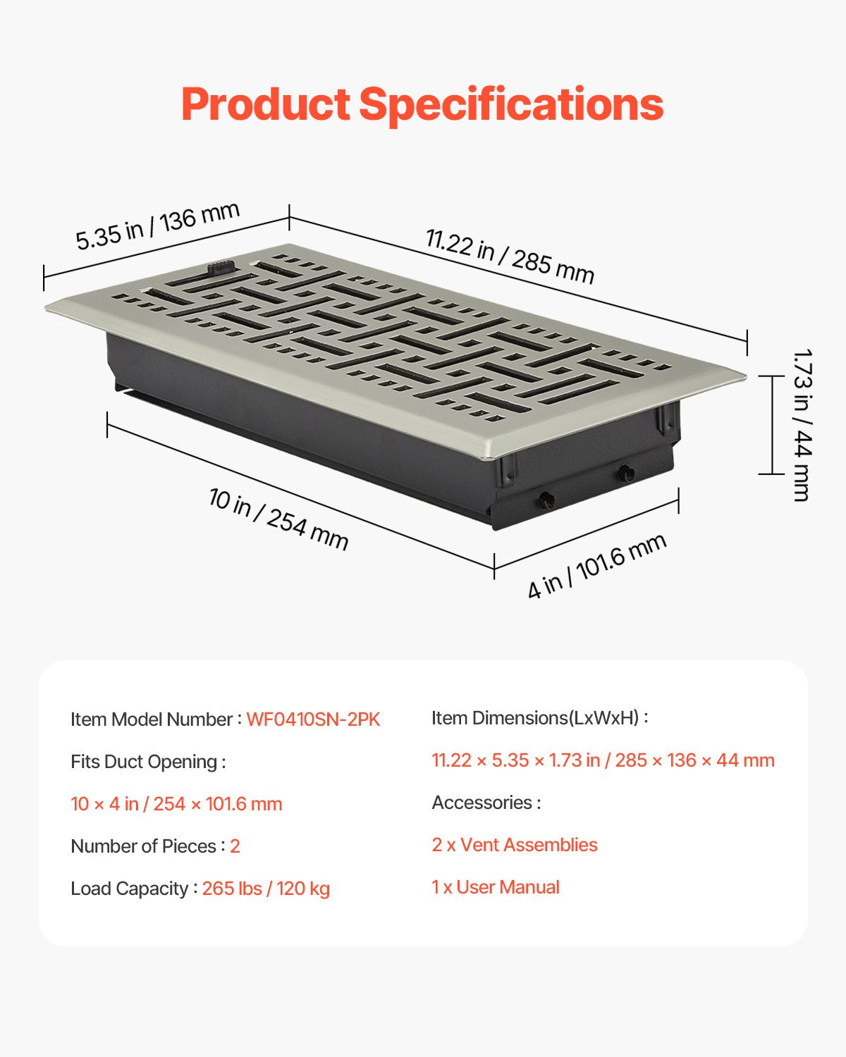 VEVOR Floor Registers 4x10 Inch 2-Pack Iron Floor Vents for HVAC Nickel-Plated 