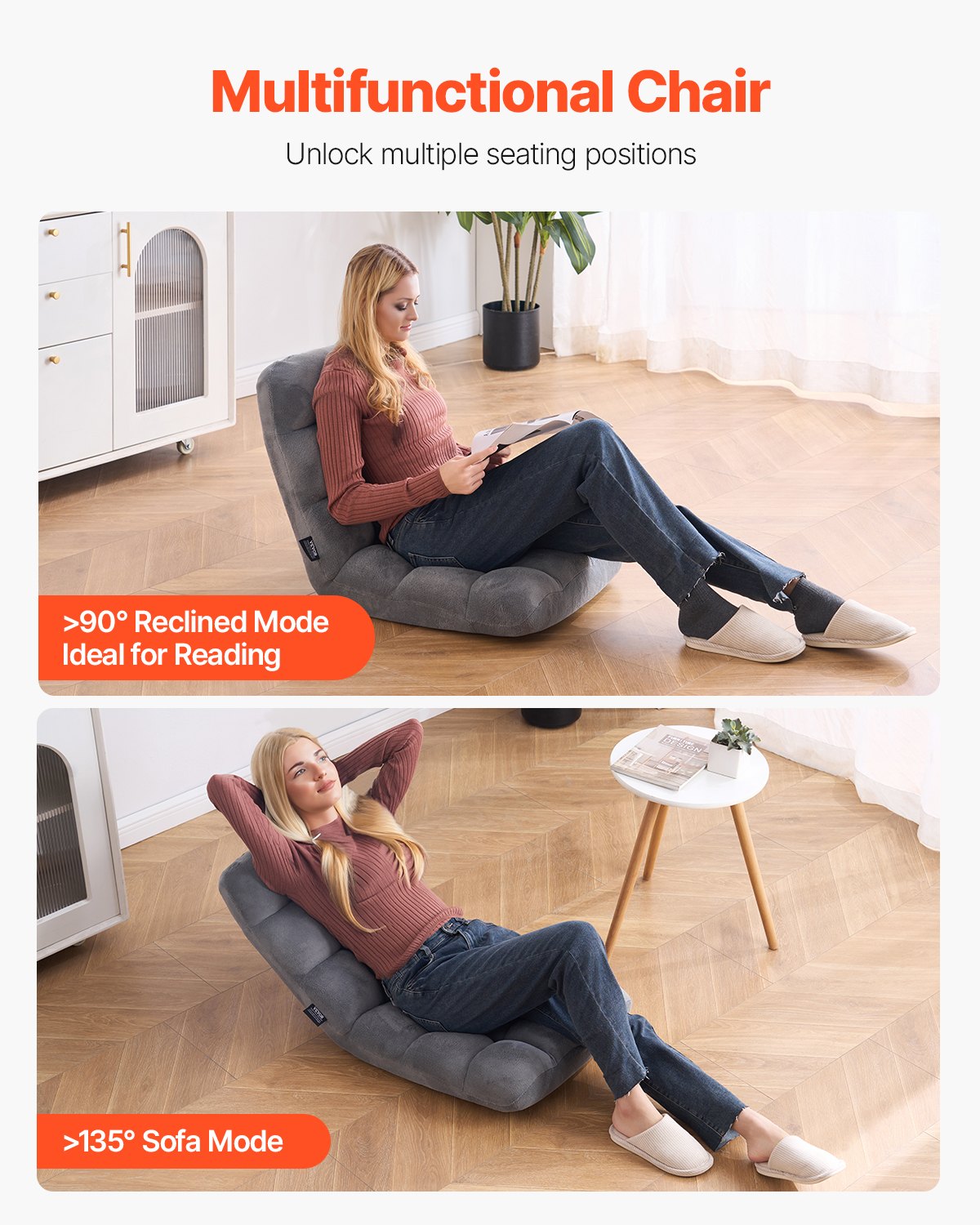 VEVOR Floor Chair with Back Support Folding Sofa Chair 14 Adjustable Positions 