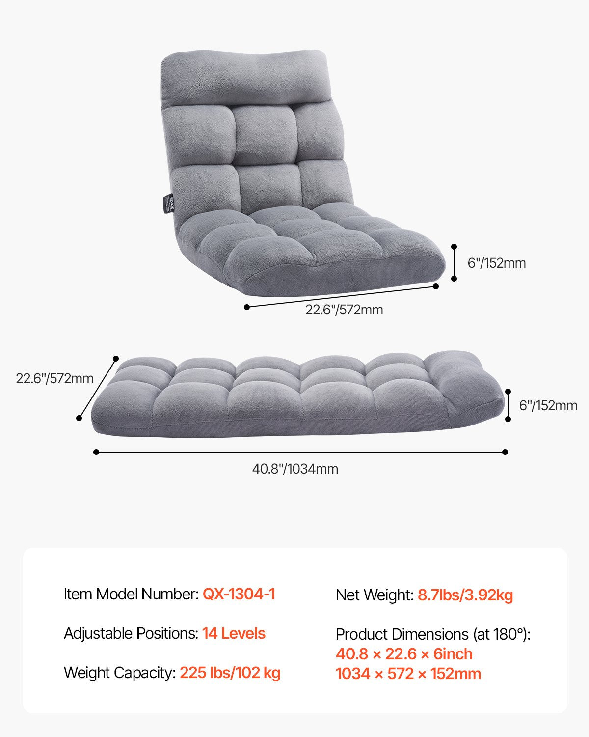 VEVOR Floor Chair with Back Support Folding Sofa Chair 14 Adjustable Positions 