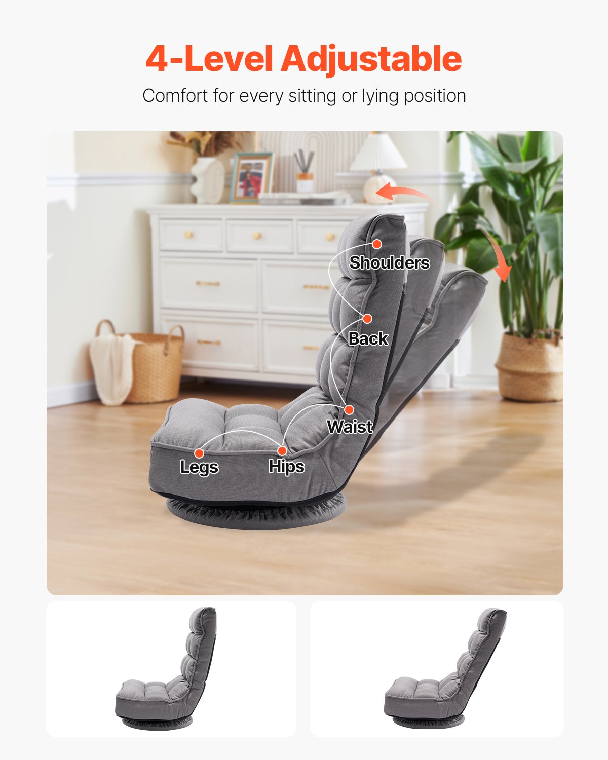 VEVOR 360° Swivel Floor Gaming Chair with 4 Adjustable Position Folding Chair 