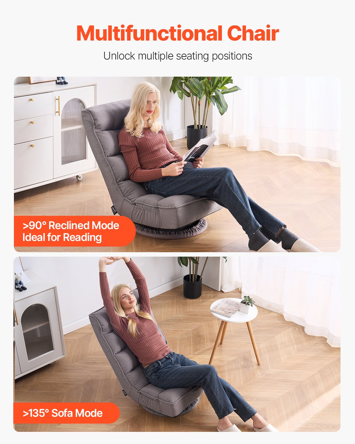 VEVOR 360° Swivel Floor Gaming Chair with 4 Adjustable Position Folding Chair 