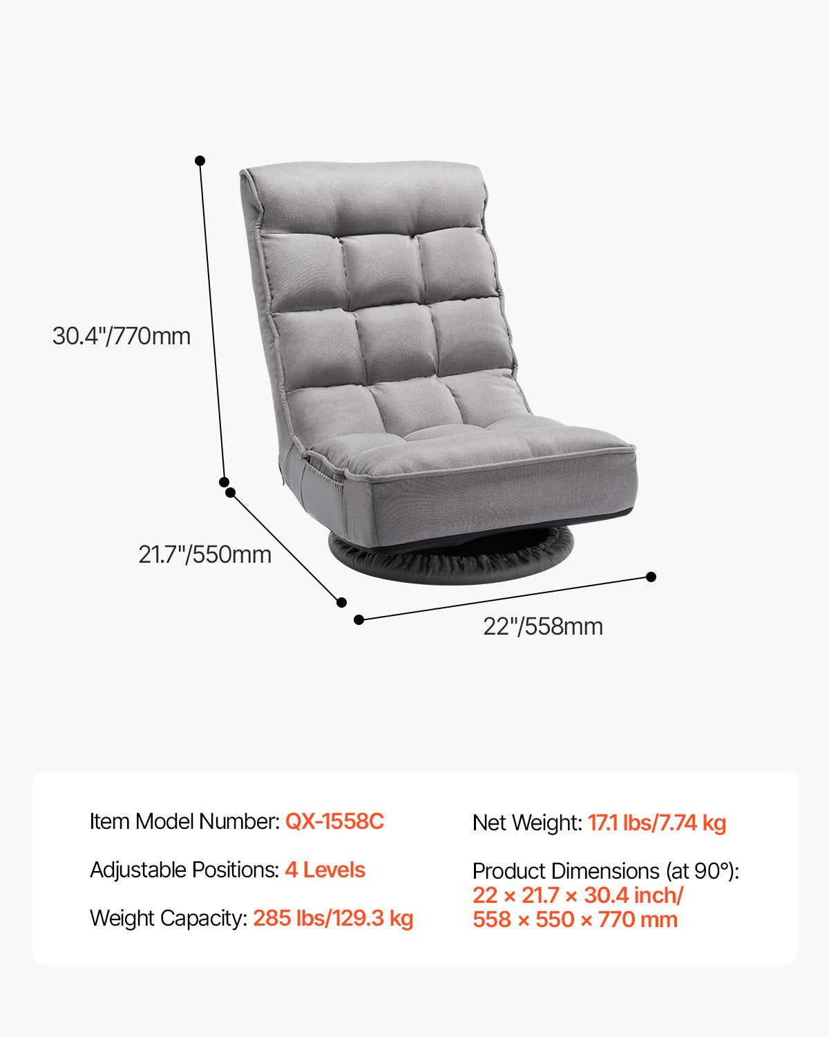 VEVOR 360° Swivel Floor Gaming Chair with 4 Adjustable Position Folding Chair 
