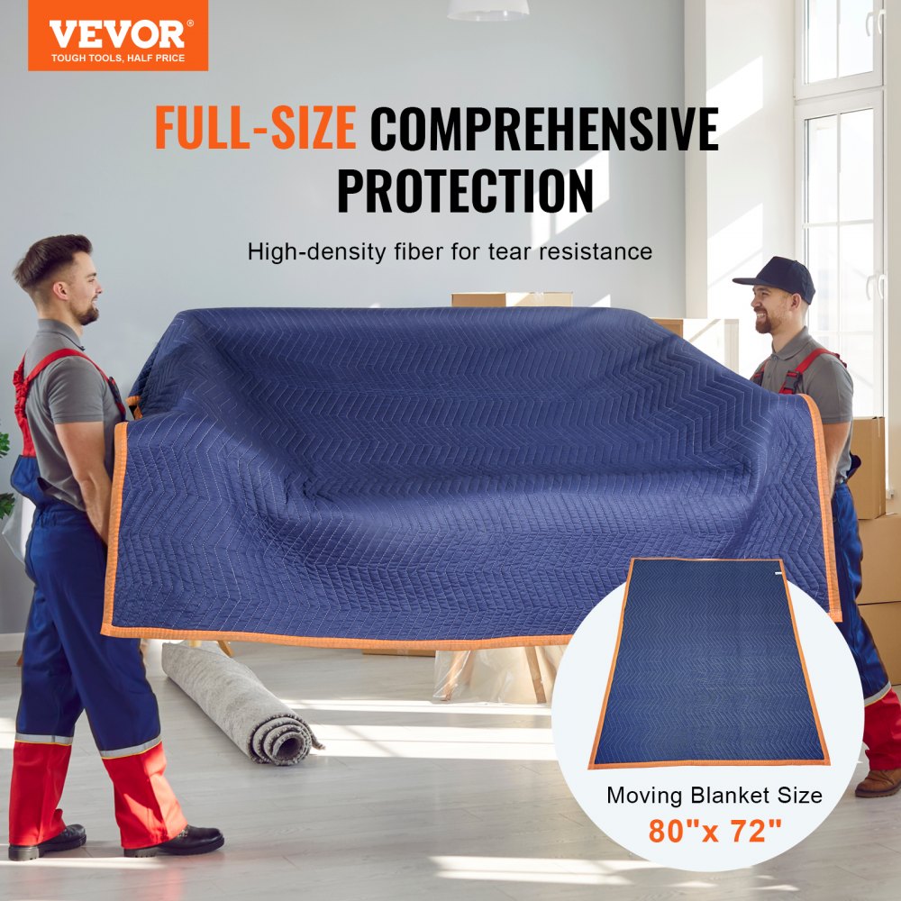 VEVOR Moving Blankets, 80" x 72", 35 lbs/dz Weight, 12 Packs, Professional Non-Woven & Recycled Cotton Packing Blanket, Heavy Duty Mover Pads for Protecting Furniture, Floors, Appliances, Blue/Orange 
