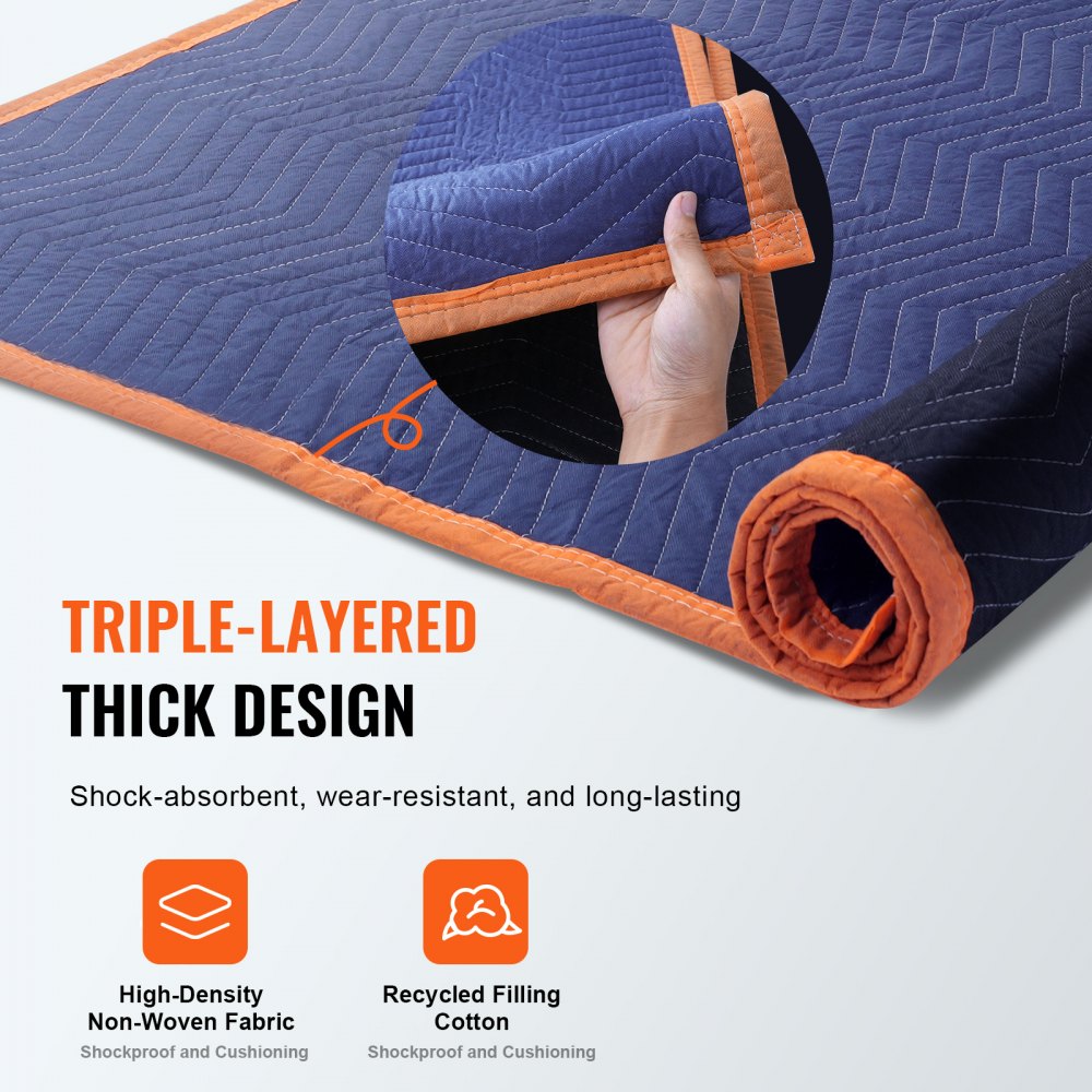VEVOR Moving Blankets, 80" x 72", 35 lbs/dz Weight, 12 Packs, Professional Non-Woven & Recycled Cotton Packing Blanket, Heavy Duty Mover Pads for Protecting Furniture, Floors, Appliances, Blue/Orange 